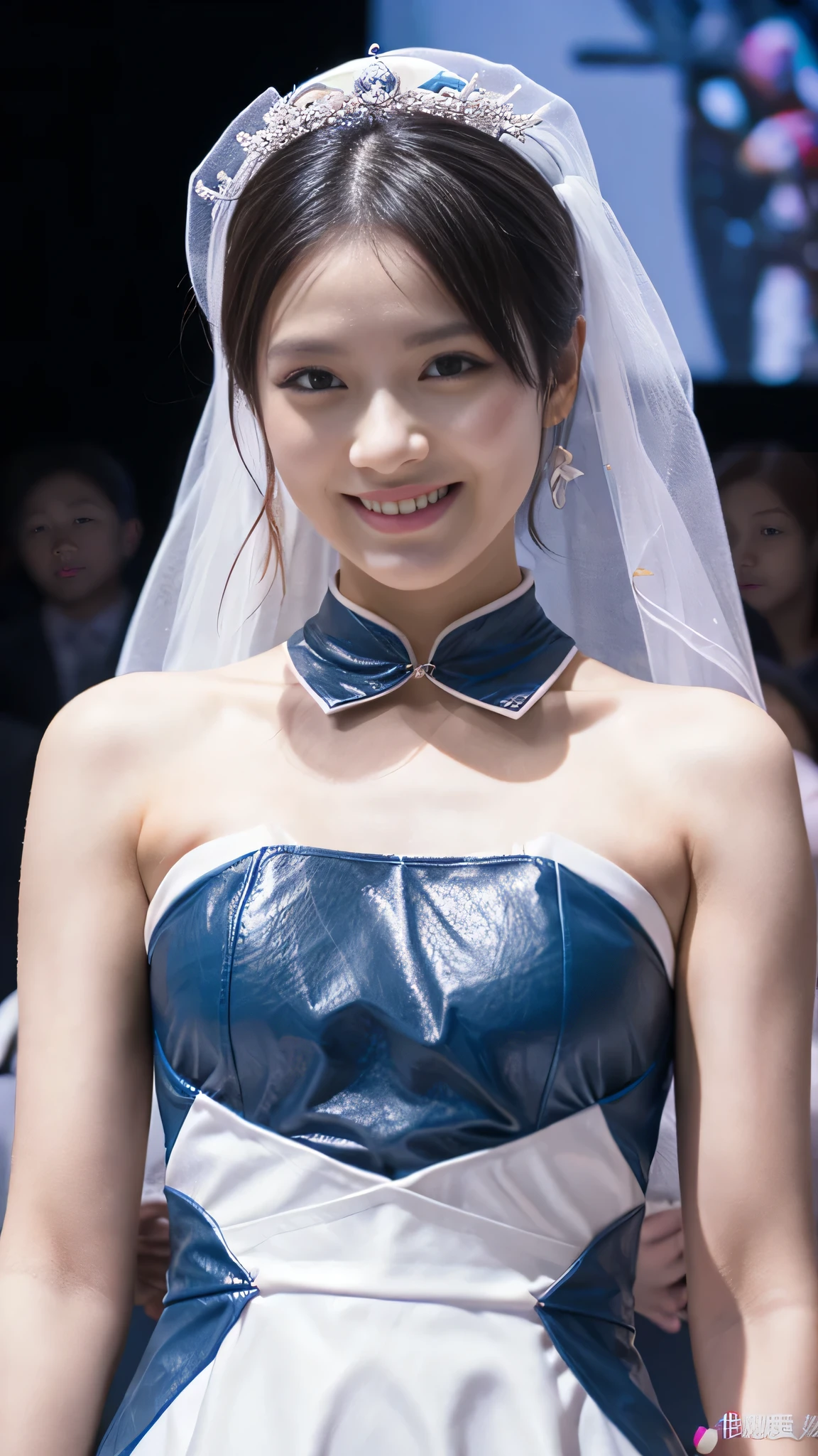 (Good structure)，Single eye quality，Depth of Field，view，Dynamic poses，Friendly smile，Transparent blue and white porcelain PVC leather，Transparent blue and white porcelain skin scales，Prism，holographic，Chromatic Aberration，Fashion Illustration，masterpiece，Chinese Dragon and Harajuku Fashion，Looking at the audience，8k，Ultra Detailed，Wedding dress