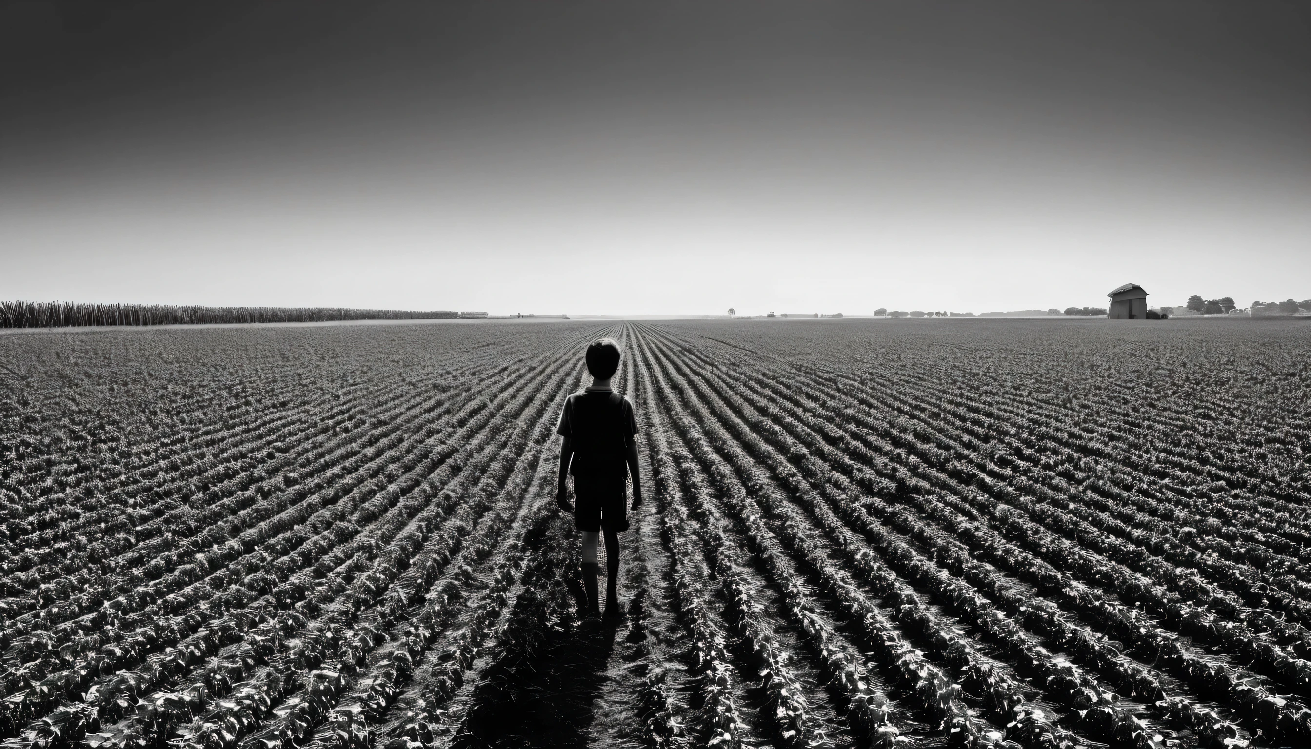 solo, short hair, 1boy, holding, standing, monochrome, greyscale, male focus, shorts, indoors, from behind, horror (theme), A vast agricultural field, converging rows of crops leading to a distant horizon, showcasing the beauty and productivity of rural landscapes:1.4., by Dante Spinotti