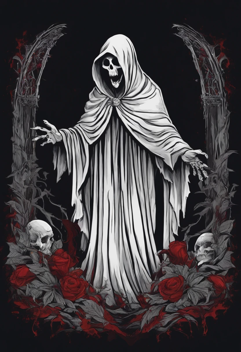 /imagine prompt: ghost illustration for a sticker with a black background, in bold outline style, jagged edges, trashcore, light shading --v 5.2 , horror , scary , blood