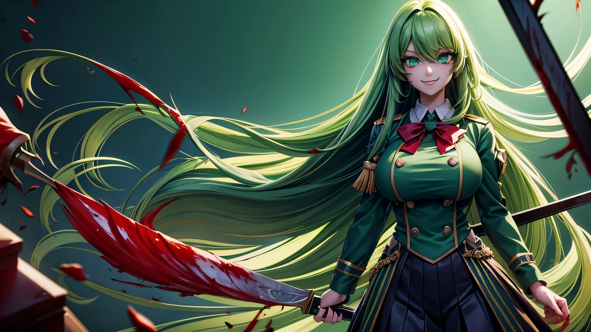 Extremely beautiful girl, green hair, long hair, bright green eyes, Green high school girl uniform, huge breasts, Yandere and evil smile, Holding a knife full of blood, face full of blood and extremely scary, Room with pools of blood background, Clothes full of blood, good quality, masterpiece, Beautiful eyes, Detailed eyes, Big eyes, Visual novel game style