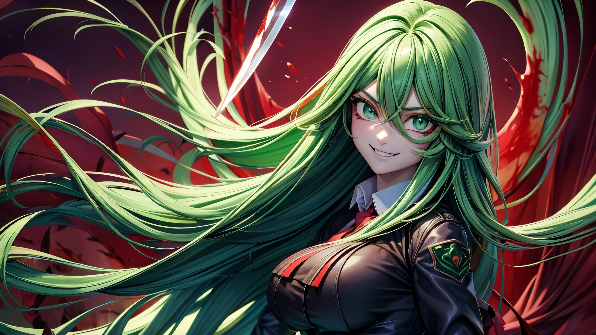 Extremely beautiful girl, green hair, long hair, bright green eyes, Green high school girl uniform, huge breasts, Yandere and evil smile, Holding a knife full of blood, face full of blood and extremely scary, Room with pools of blood background, Clothes full of blood, good quality, masterpiece, Beautiful eyes, Detailed eyes, Big eyes, Visual novel game style