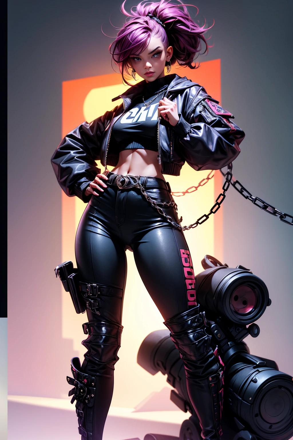 models, professional:1.6(best quality,4k,8k,highres,masterpiece:1.2),ultra-detailed,realistic,punk style,punk fashion,full body shot:1.5,general shot:1.5, rebellious,spiked clothing,chain accessories, rebellious pose,high mohawk,violet hair,colorful,edgy background,studio lighting,dynamic pose y elegamte