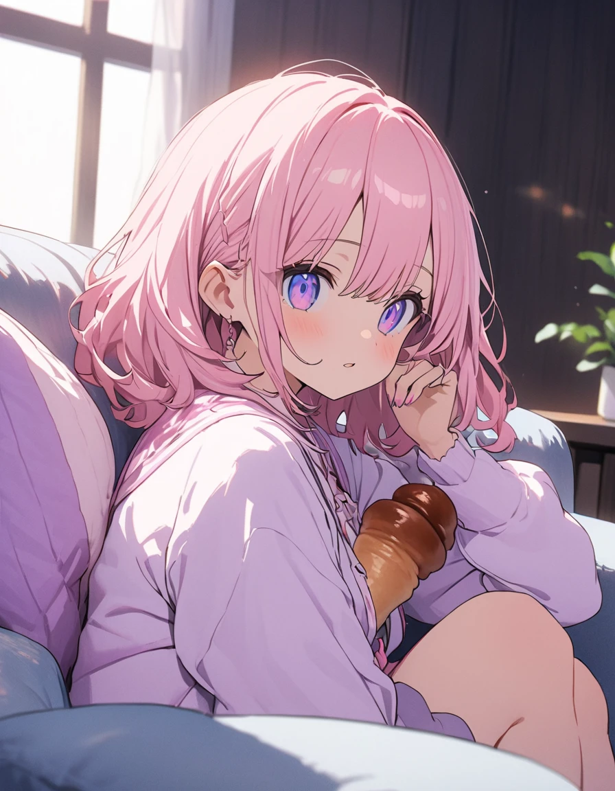 (Background Blur),(A living room with a bright atmosphere thanks to the sunlight)、morning、(Sit on a comfortable, soft sofa、Chocolate cornetを口の中に軽く咥えている)、(1 girl)、(Wavy short hair、Purple pastel colors) 、(Chocolate cornet)、(Girly Fashion)、(((girly style))),((figure、High quality 8k))、indoor、(highest quality、masterpiece、High resolution、detailed)、animeスタイル、Flat Style, BREAK,flat color, flat shading、extremely detailed、eyes shining colors illuminated light, Delicate and beautiful face, (The Shining), Best lighting, Best Shadow、High saturation,Dynamic Angle、Moe anime official art、anime、Warm and soft atmosphere