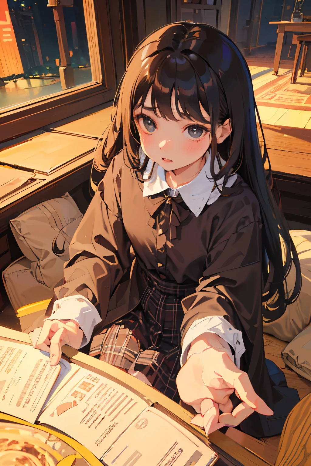 highest quality,Beautiful face in every detail,cute,Dark brown eyes,(背の低いcute女の子,Small young student,Young delicate girl),(masterpiece,Top quality),Black Hair,Sleepy expression,Plaid black skirt