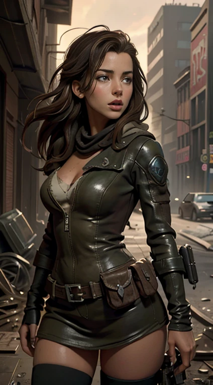 Foto hiperrealista en primer plano de Kate Beckinsale, masterpiece, best quality, (photorealistic:1.4),  Create dystopian masterpieces. Depict the cityscape in the gritty style of the game's concept art. This work should evoke a sense of abandonment and despair in a futuristic, post-apocalyptic world. Notice the intricacies of detail, the sharp focus.