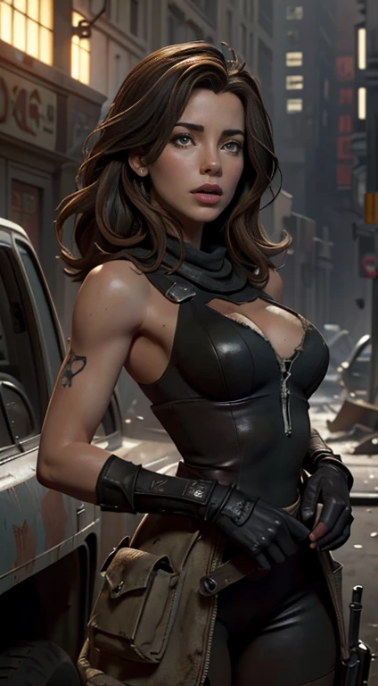 Foto hiperrealista en primer plano de Kate Beckinsale, masterpiece, best quality, (photorealistic:1.4),  Create dystopian masterpieces. Depict the cityscape in the gritty style of the game's concept art. This work should evoke a sense of abandonment and despair in a futuristic, post-apocalyptic world. Notice the intricacies of detail, the sharp focus.