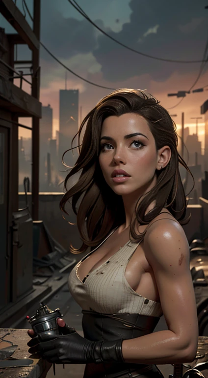 Foto hiperrealista en primer plano de Kate Beckinsale, masterpiece, best quality, (photorealistic:1.4),  Create dystopian masterpieces. Depict the cityscape in the gritty style of the game's concept art. This work should evoke a sense of abandonment and despair in a futuristic, post-apocalyptic world. Notice the intricacies of detail, the sharp focus.