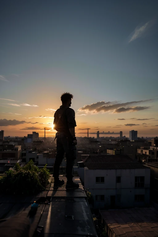Best quality. A lone survivor, silhouetted against the vibrant sunrise, stands atop a rooftop overlooking the sprawling cityscape of Dying Light 2. In the distance, a lush, overgrown rooftop garden is visible, hinting at pockets of nature amidst the ruins.
