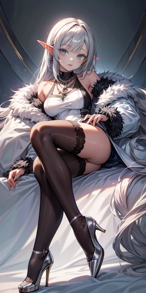 Pirotess dark elf. 1girl, white silver long hair, tellow eyes, white dress, black stockings, white high heels, jewelry necklace, fur coat, portrait