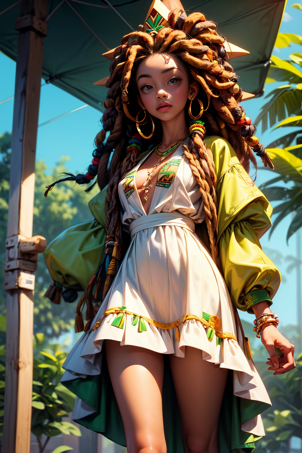 Cute 3d image of an african girl with dreadlocks hip hop trend character , cleavage, thigh, short skirt, sexy