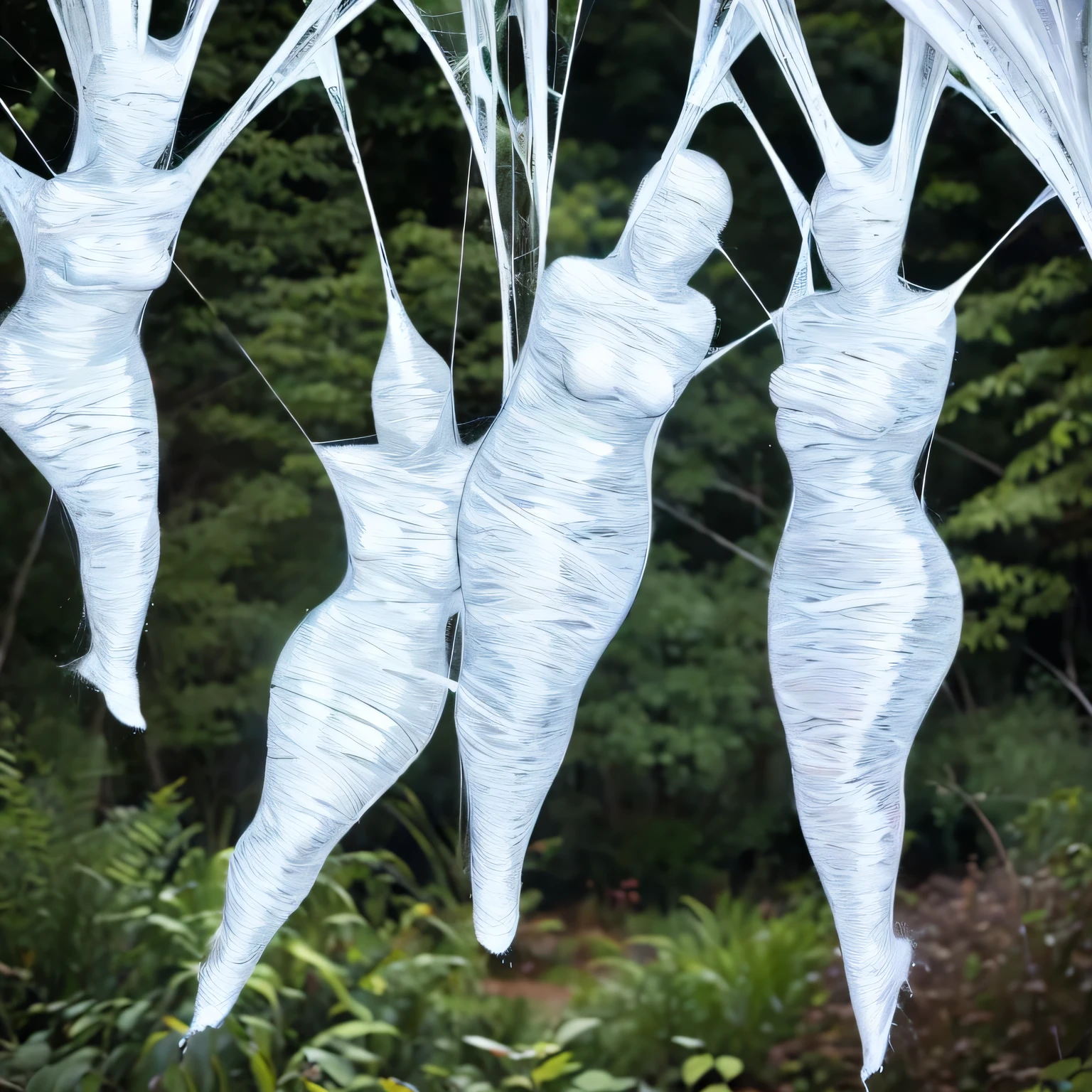 five woman in a tight web , cocooned, struggle in the web