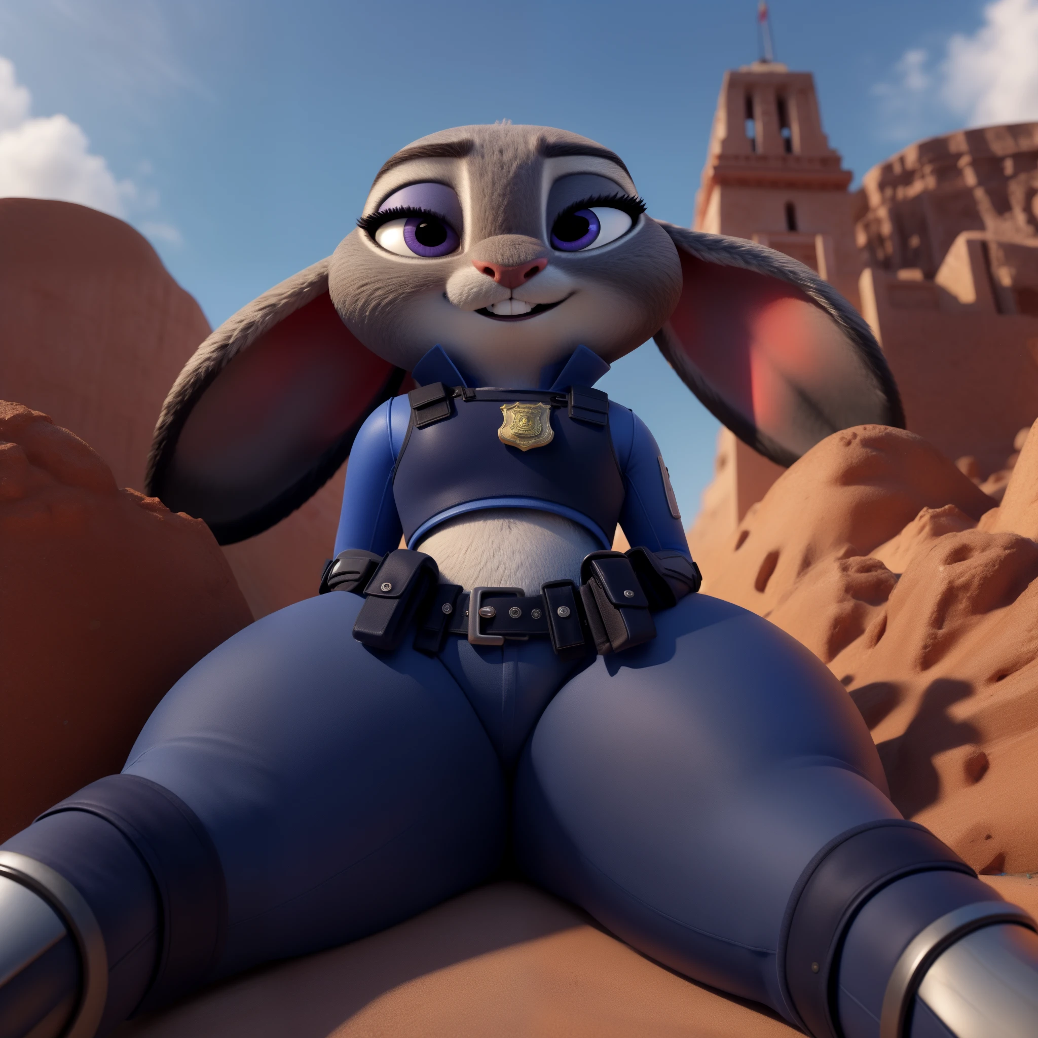 orejas hacia abajo, (Mejor calidad, Obra maestra:1), peluda hembra antro judyhopps, retrato, uniforme de policia, uniforme completo, cola de conejo, police belt, police badge, pantalones azules, sonrisa, ojos morados, pelaje del cuerpo, estilo pixar 3d, cuerpo completo, by qupostuv35, ((Macro)), ((wide hips)), on mexico, curvy ass, ((big thighs)), best quality, crushing thighs, lying face down