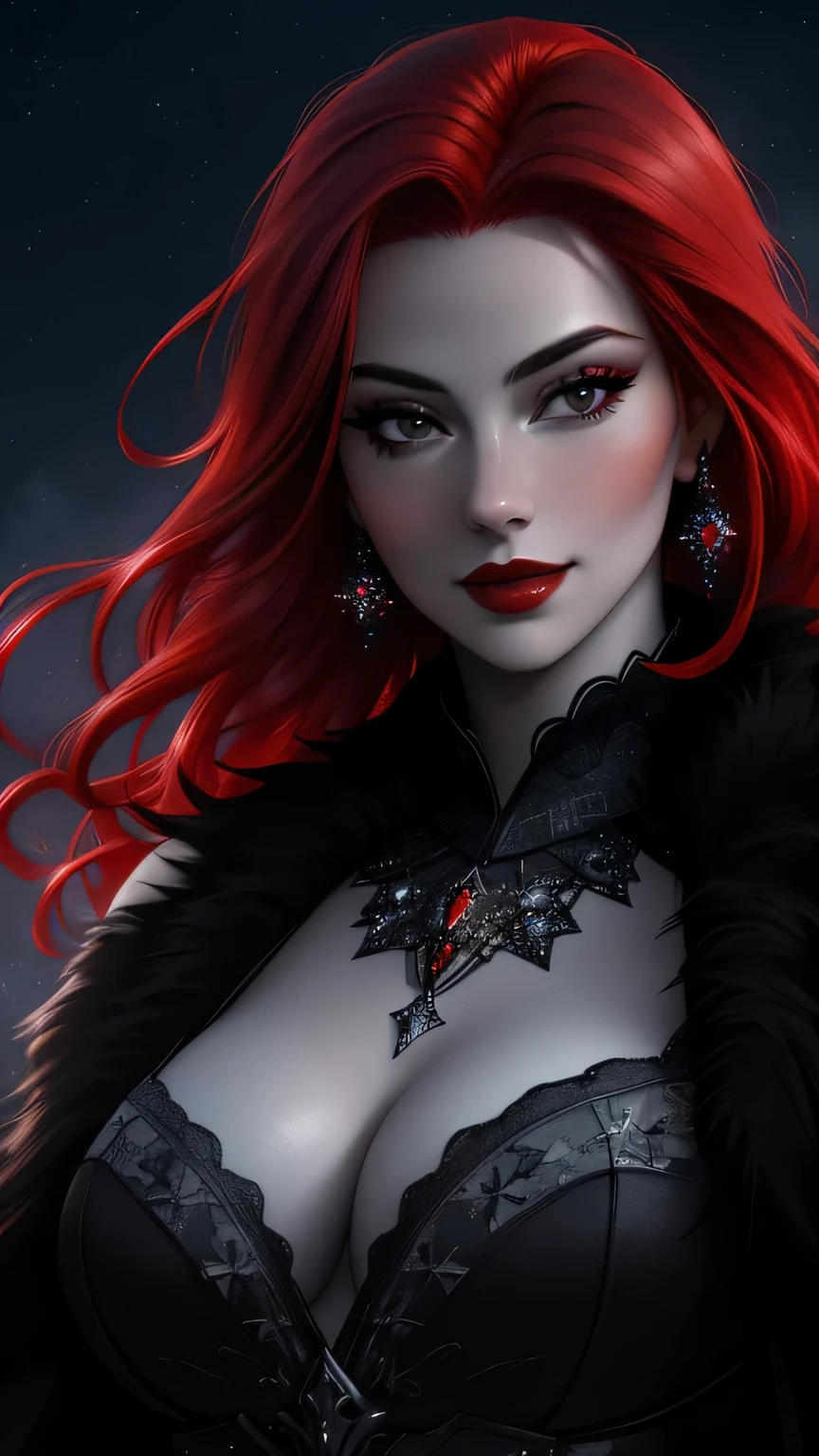 ((vivid red hair)), mature woman, 30 years old, diamond face, red starry sky background, depth of field, magic, big red lips, ((dark and black eyes)) silver long and full dress, covered chest, mystical atmosphere, ominous shadows, Intense blue aura, Intense red aura (best quality:1.2), absurdres, intricate details, (highly detailed skin:1.2), smile expression, posing, taut and well defined body, attractive. Highly realistic, white skin, beautiful, hyperrealism, skin very elaborated, direct gaze,