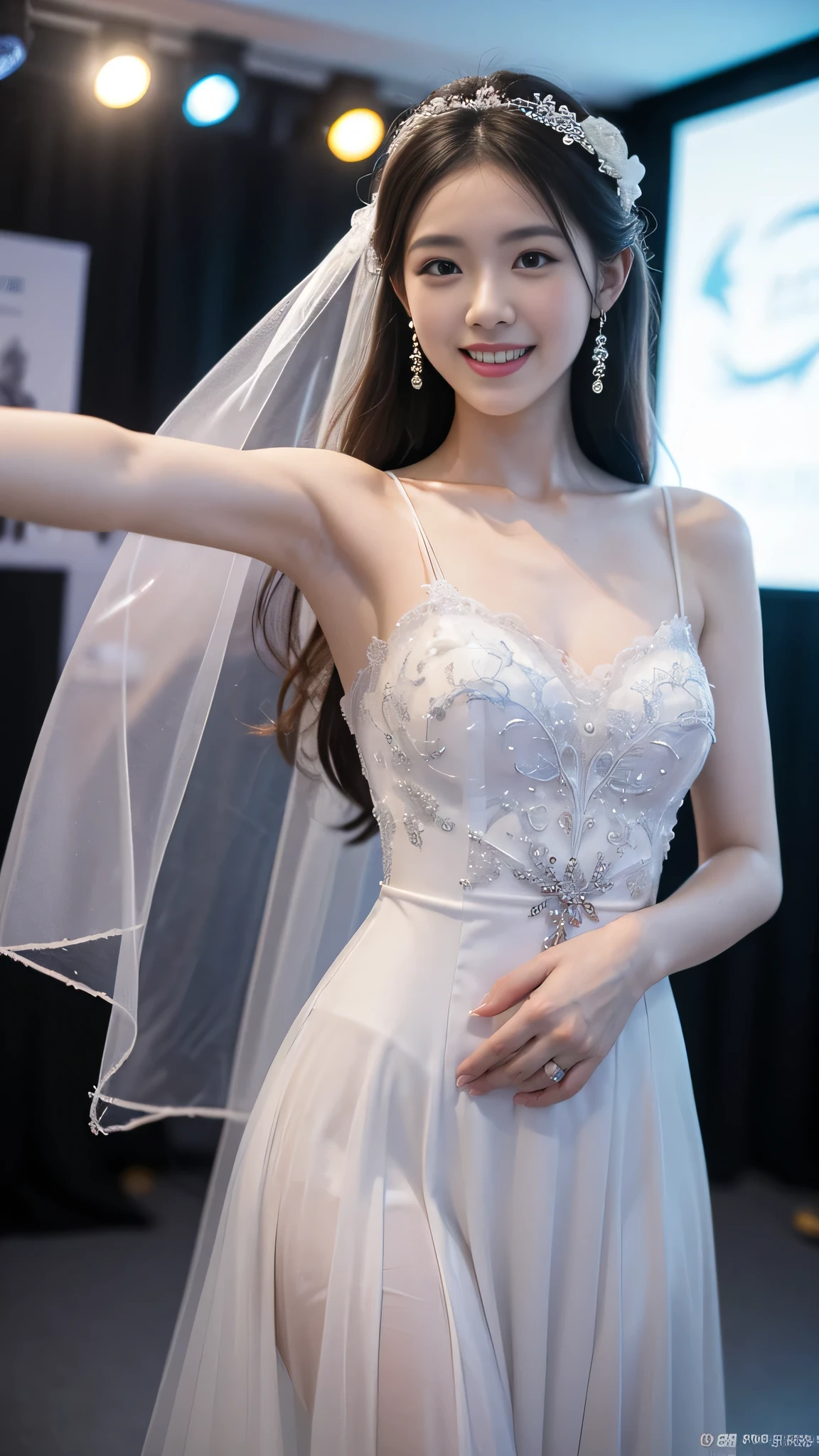 (Good structure),SLR quality,Depth of Field,view,Dynamic poses,Friendly Smile,Transparent blue and white porcelain PVC leather,Transparent blue and white porcelain skin scales,Prism,holographic,Chromatic Aberration,Fashion Illustration,masterpiece,Chinese Dragon and Harajuku Fashion,Looking at the audience,8k,Super detailed,Wedding dress