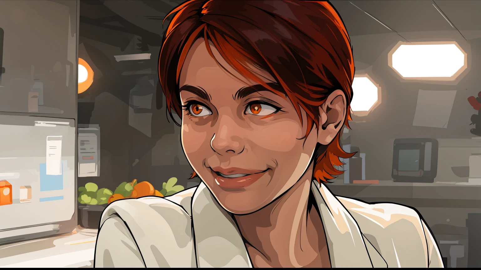 There is a 30-year-old woman with orange hair, orange eyes, she is 40 years old, she smiles maliciously, she is planning something bad.