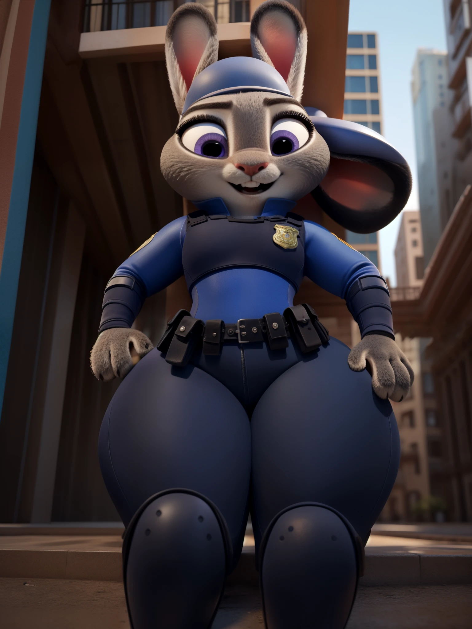 orejas hacia abajo, (Mejor calidad, Obra maestra:1), peluda hembra antro judyhopps, retrato, uniforme de policia, uniforme completo, cola de conejo, police belt, police badge, pantalones azules, sonrisa, ojos morados, pelaje del cuerpo, estilo pixar 3d, cuerpo completo, by qupostuv35, ((Macro)), ((wide hips)), on mexico, curvy ass, ((big thighs)), best quality, crushing thighs, lying face down