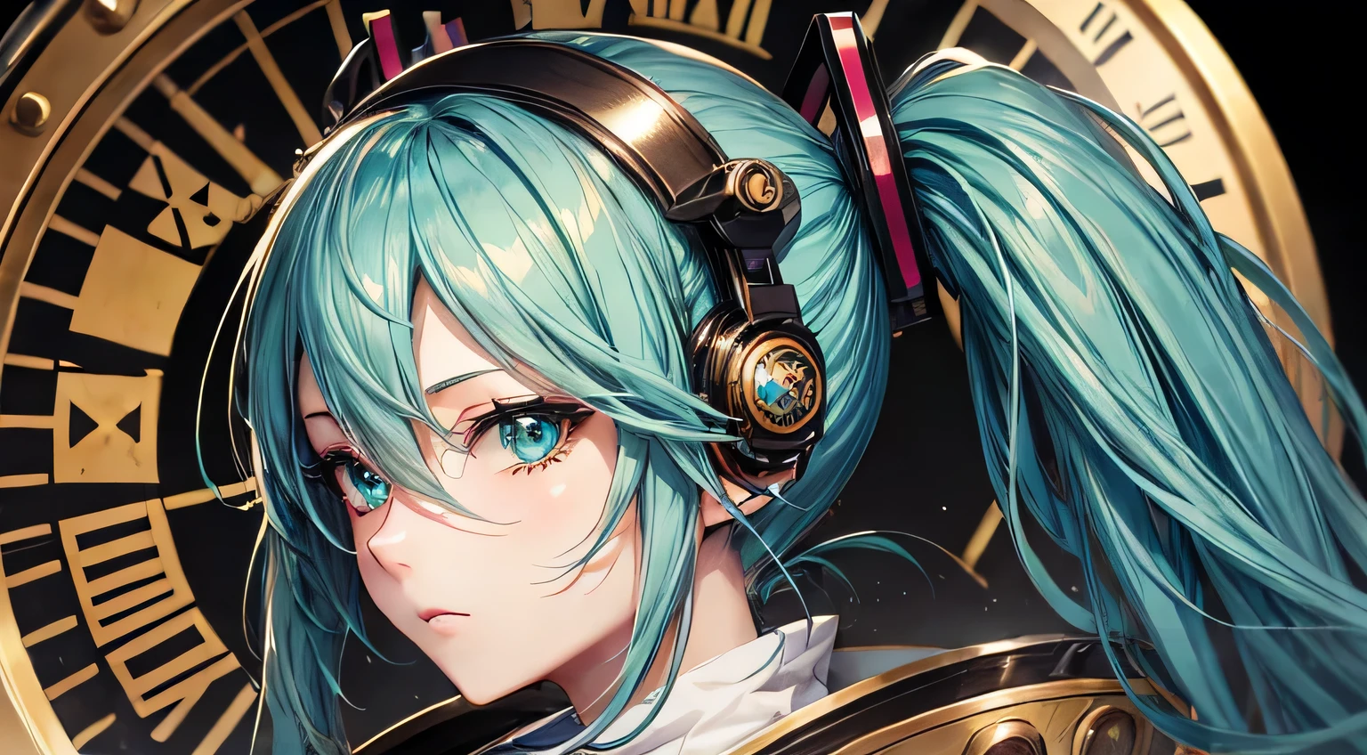 Hatsune Miku profile Steampunk costumes high resolution high quality Detailed facial expression depiction Detailed hair depiction Detailed description of the costume Steampunk background clock gear