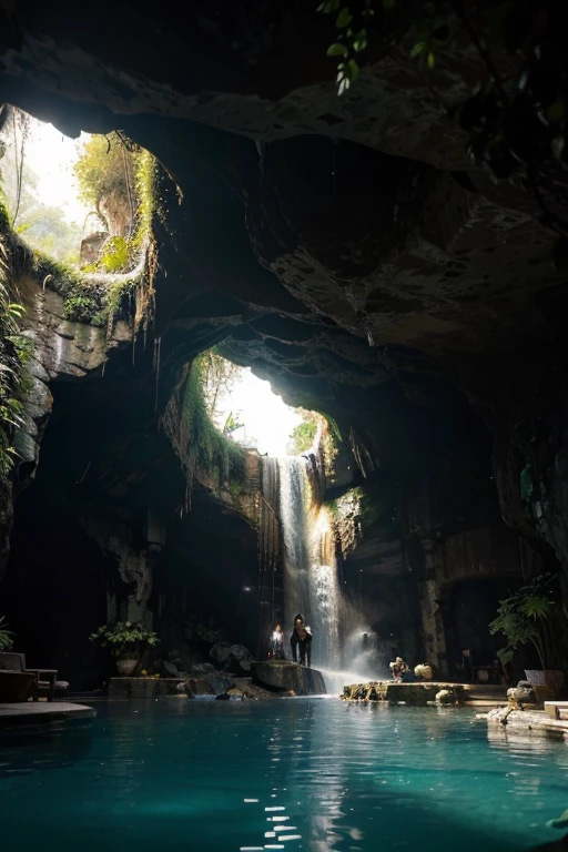 Best quality. A hidden cave in Dying Light 2 reveals a stunning underground waterfall, cascading into a crystal-clear pool surrounded by lush vegetation. Sunlight filters through cracks in the ceiling, illuminating the scene with an ethereal glow.