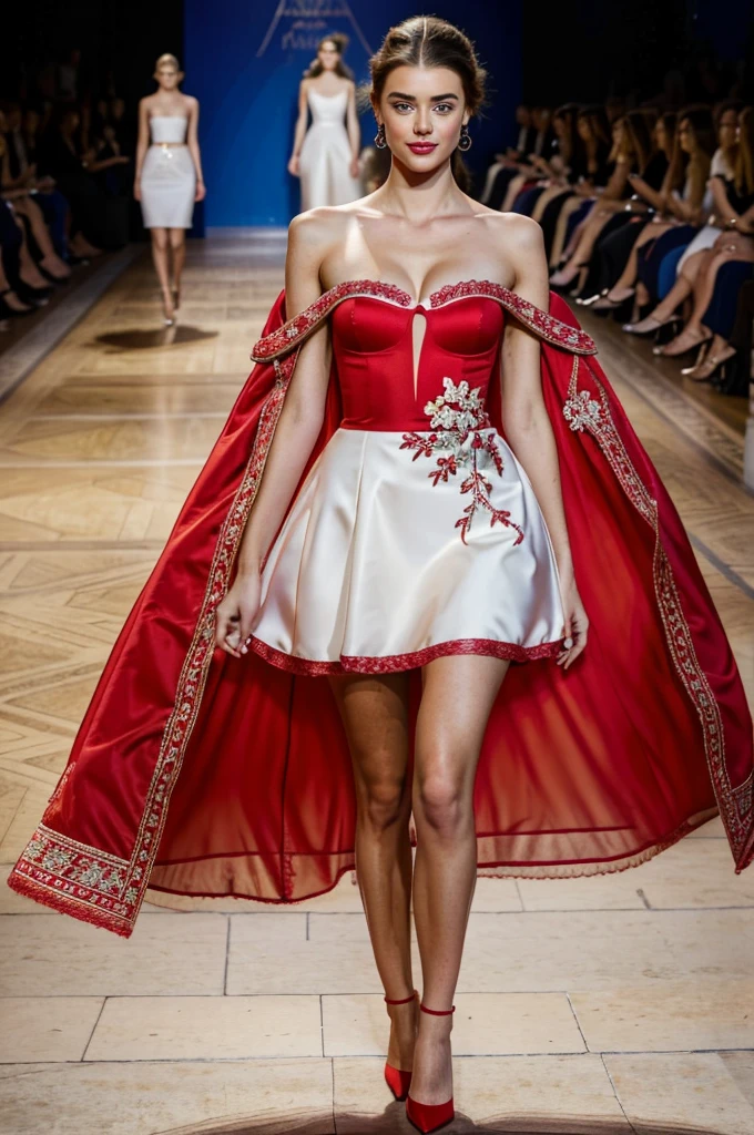professional photo of 1 girl, full body photo, at the catwalk, paris fashion week, masterpiece, detailed outfit, , photoRealistic, intricate-detail、Raw foto、perfect skin, radiant skin, white skin, natural makeup, Trending in art stations, 16K, Masterpiece 20 yrs, 170 height, very light brown medium Hair, mix of taylor hill face, Yael Shelbia face, amber heard face, emily didonato face and irina shayk face, beautiful face, real face, small nose, sweet girl, jaw dropping beauty, smiling with dimples, very white teeth, uper teeth, curly hair, blue eyes, beautiful eyes, seductive smile, full lips, big volume lips,(Masterpiece), (Realistic), (best quality), (8K), ultra-detailed, UHD, RAW, (1 Woman), beautiful young woman, perfect straight nose, most beautiful straight nose, outstanding beautiful woman, transparent red lipstick, wearing a red strapless split dress,full body photo,, Super detail body, perfect body, perfect legs, confident woman, at the catwalk paris fashion week, {back shot}, ultrasharp, image clarity, Canon EOS M50,Hybrid AF with 179-point focal plane phase detection and 25-point contrast detection nikon500, Happy smile, elegant pose, stylish, prada summer collection, haute couture dress, multicolor dress with intricate details, embrodery details, front light,very good light on her face to accentuate her beautiful face, white skin, beautiful texture of the skin,image clarity, full model pose, distant view, at the catwalk, paris fashion week, she is a fashion model, full body photo,perfect legs, bottom angle, full body model pose,elegant pose, sideway angle, wide shot, flirting with the camera, indoor, front light, happy, smile,