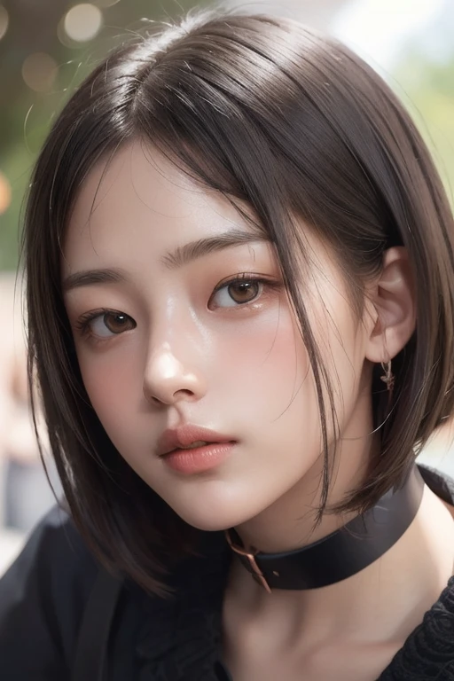 Photorealistic, masutepiece, Best Quality, Raw photo, 1girl in, Solo, Handsome shorthair, copper colored hair、Detailed face, alluring face, Black shirt with collar, medium breasts, Dynamic Pose, Looking at Viewer, From below, Detailed background, fine detailed, intricate detailes,  Ray tracing, depth of fields, lowkey, nsfw,(12yo:1.8)