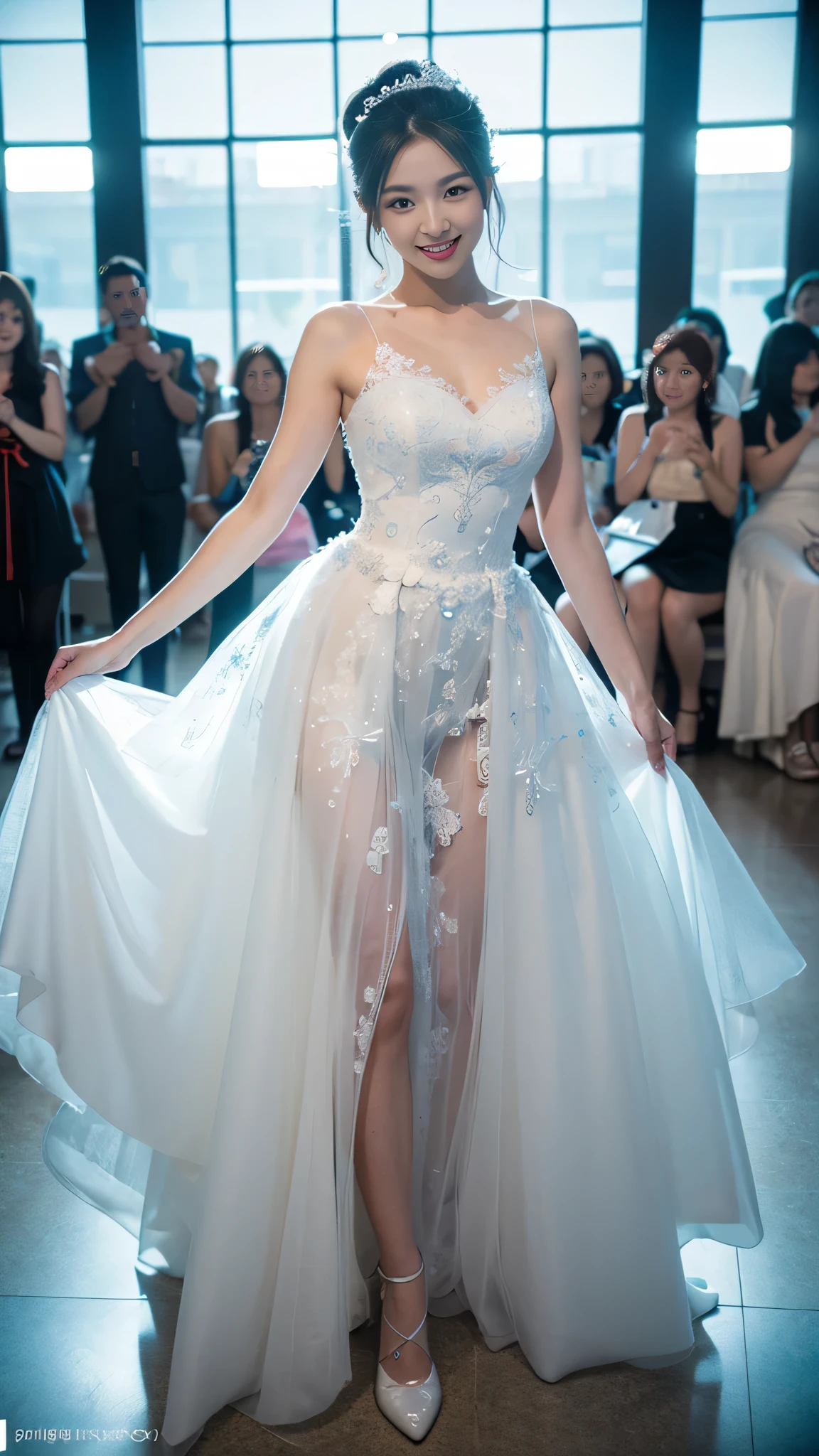 (Good structure)，SLR quality，Depth of Field，view，Dynamic poses，Friendly Smile，Transparent blue and white porcelain PVC leather，Transparent blue and white porcelain skin scales，Prism，holographic，Chromatic Aberration，Fashion Illustration，masterpiece，Chinese Dragon and Harajuku Fashion，Looking at the audience，8k，Super detailed，Wedding dress