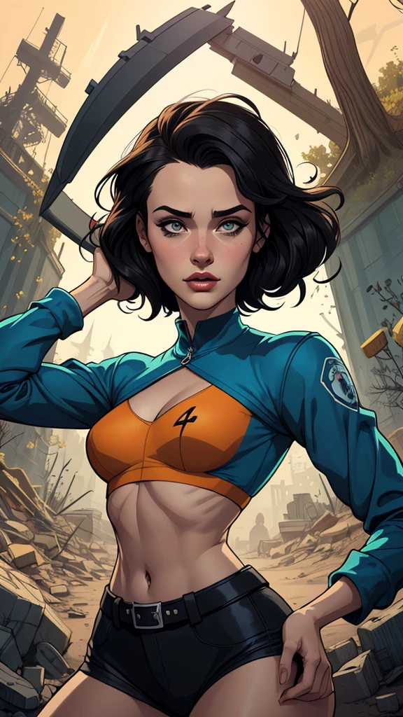 Personagem mulher estilo atompunk Fallout 4 cabelos pretos atriz Ella Purnell com marcas de guerras Imagem de desenho animado de uma mulher .Ilustracaoo estilo desenho animado, estilo de arte dos desenhos animados, estilo de arte dos desenhos animados, digital illustration style, estilo atompunk design de personagens altamente detalhado, arte digital detalhada coragem,actress Ella Purnell with black hair slim body Forest fan art, Design de cabelos pretos personagens de retrato, beautiful digital illustration, retrato de alta qualidade, Arte em quadrinhos, s . Eyelined eyes, medium bust and wonderful sexy clothes. image expression of sexual desire from waist to head illustration atompunk style Fallout 4 The perspective is from below, enfatizando a majestade e o poder da Gigante."actress Ella Purnell black hairstyle Cartoon style digital illustration GTA style
