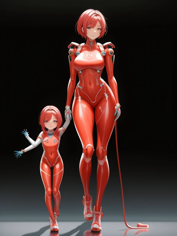 A mother with a mechanical body and a daughter born with a mechanical body,
Masterpiece,
Full Body Shot,
The internal skeleton is clearly visible from the joints.,
Mother opens top hatch to show daughter internal skeleton,
The mother is wearing a translucent red bodysuit.,
The girl is wearing a translucent blue bodysuit.,
The internal skeleton of the mother and daughter is gold and has optical cables running through it, making it very shiny.