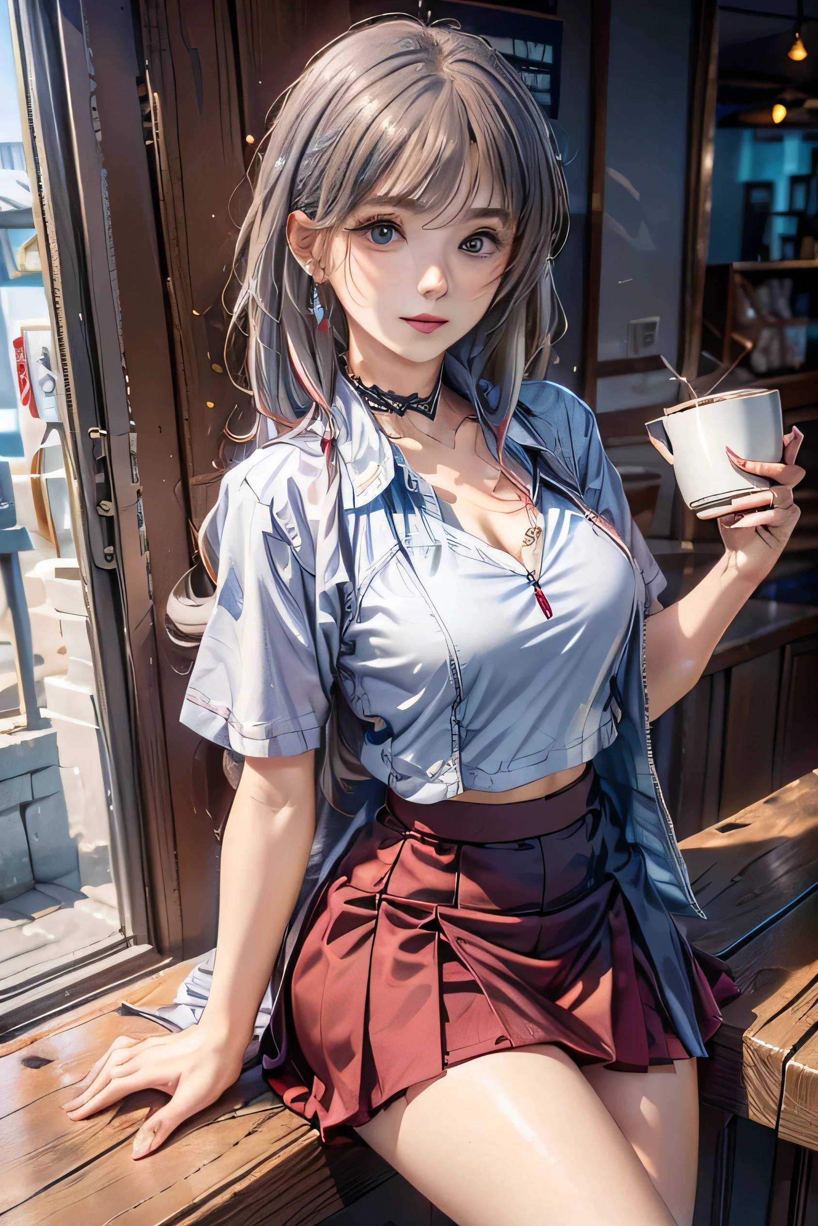 (Photorealistic:1.8, highest quality:1.8,8K masterpiece:1.8,High resolution,Mastepiece:1.8,RAW Photos,Cinematic lighting),No split screen、morning、maid Cafe、（A female clerk welcoming customers:1.5)、(Soryu Asuka Langley)、View from the front、
（Completely naked、choker、Medium chest、Tennis Clothing、mini skirt、Wide open chest、Beautiful thighs、Plump nipples）、
(Beautiful, shining red, blue, white, brown and silver hair:1.5)、Sparkling Blue Eyes、Fine Lines、greet、Smile、holding a coffee cup
