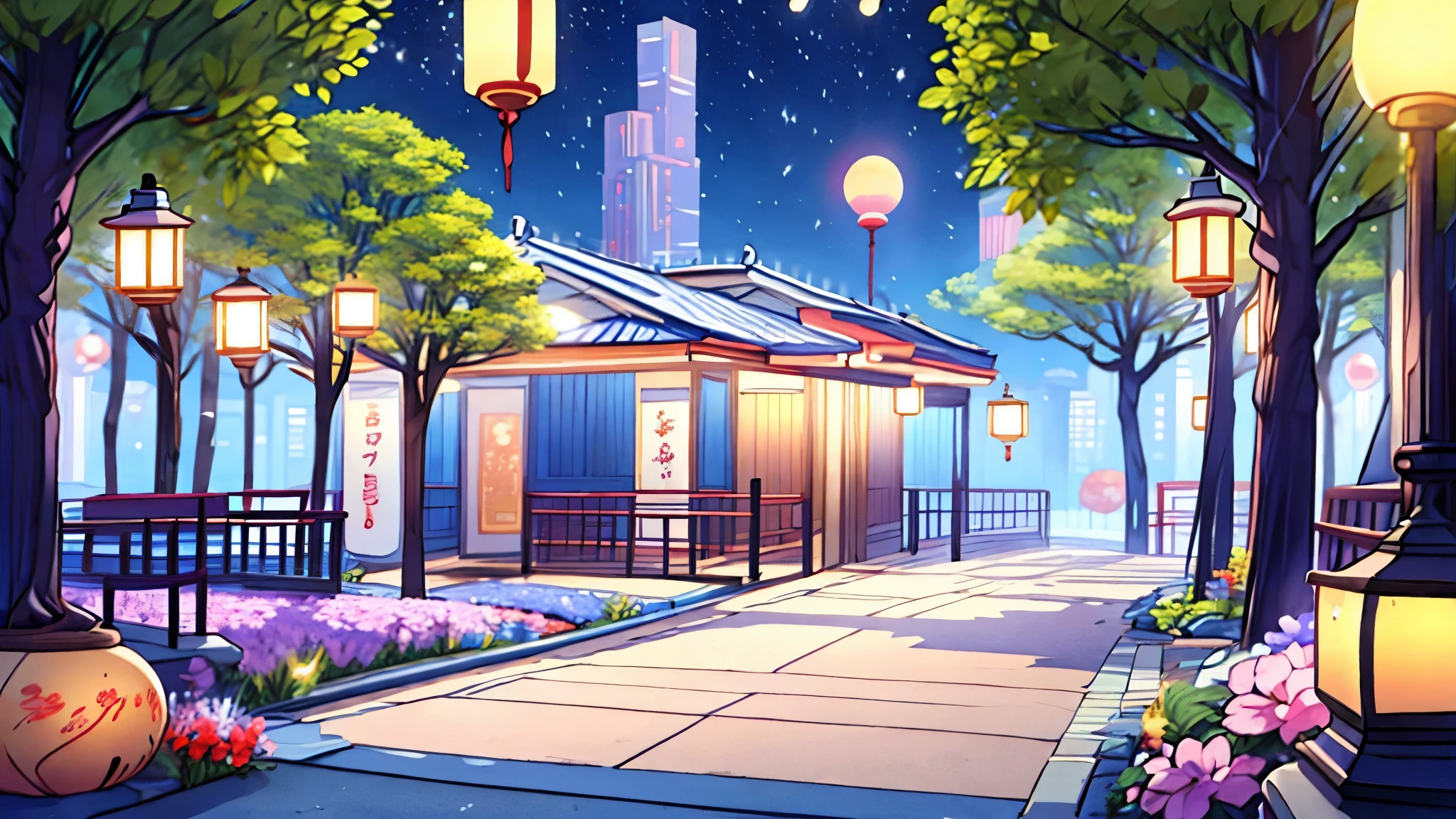Moon, Park, night, city, lanterns, trees, A lot of trees,