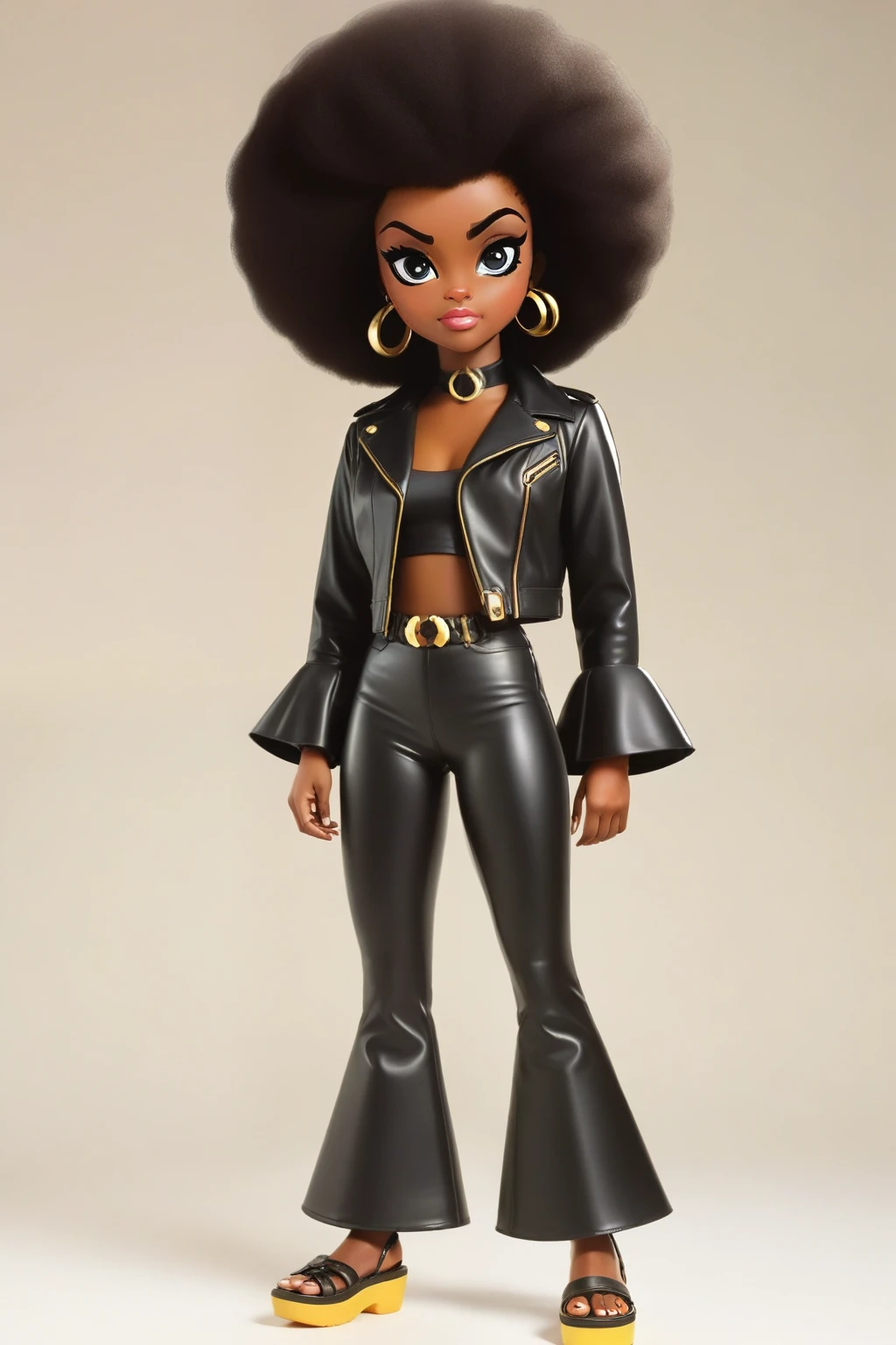 The cartoon -Healthcliff and the Catillac female cat,  2-1970's Afro puffs ,  short black panther leather jacket, bell bottom pants, 3 inch platform sandals