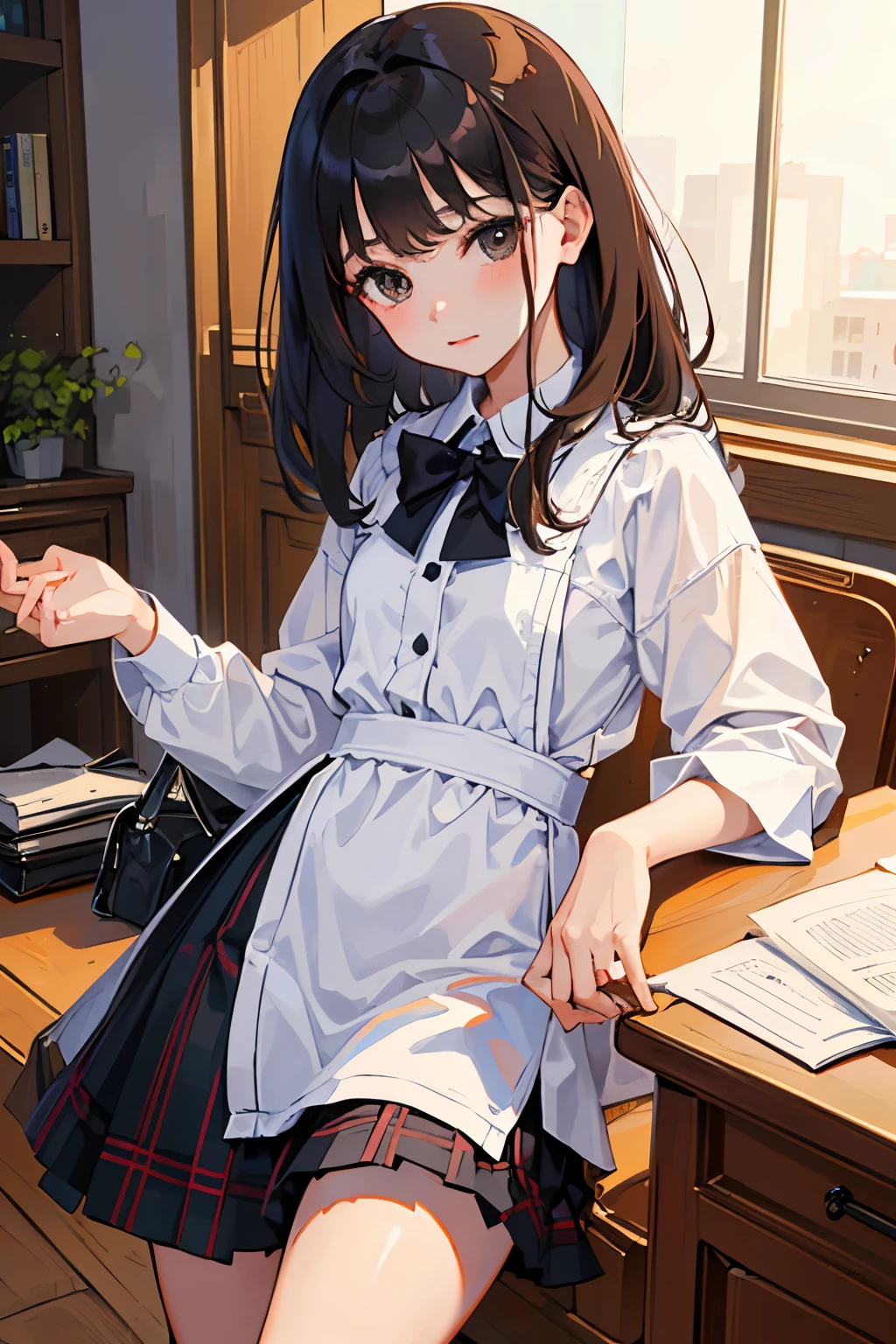 highest quality，Beautiful face in every detail，cute，Dark brown eyes，(背の低いcute女の子，Small young student，Young delicate girl）,（masterpiece，Top quality)，Black Hair，Sleepy expression，Plaid black skirt