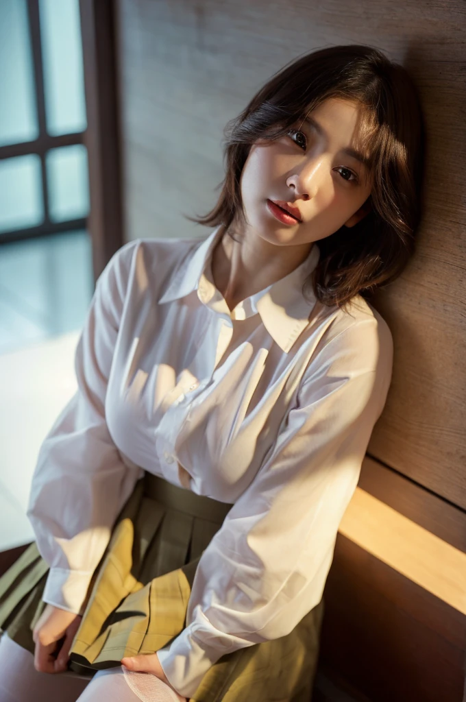 ultra Realistic 8k cg, picture-perfectionな顔, perfection, clean, masterpiece, Professional artwork, Famous works of art, perfectionな顔, Beautiful Face, beautiful eye, ((perfectionな女性の体)), alone,(Immersive atmosphere, Chiaroscuro:1.5,Bright light:1.2,Bright lighting)
,,(blush:0.5),Seductive look,Very detailed_eye,Thick thighs,Large Breasts,
Beautifully detailed backgrounds,Depth of written boundary,Realistic:1.3, Long Shot,One girl,shirt,Pleated skirt, , Sitting, whole body, 
(Zhou Haoguang:1.3),(Structure of the film:1.3),(Neon Light:0.1),(High resolution:0.1),Accent lighting, White Pantyhose,   