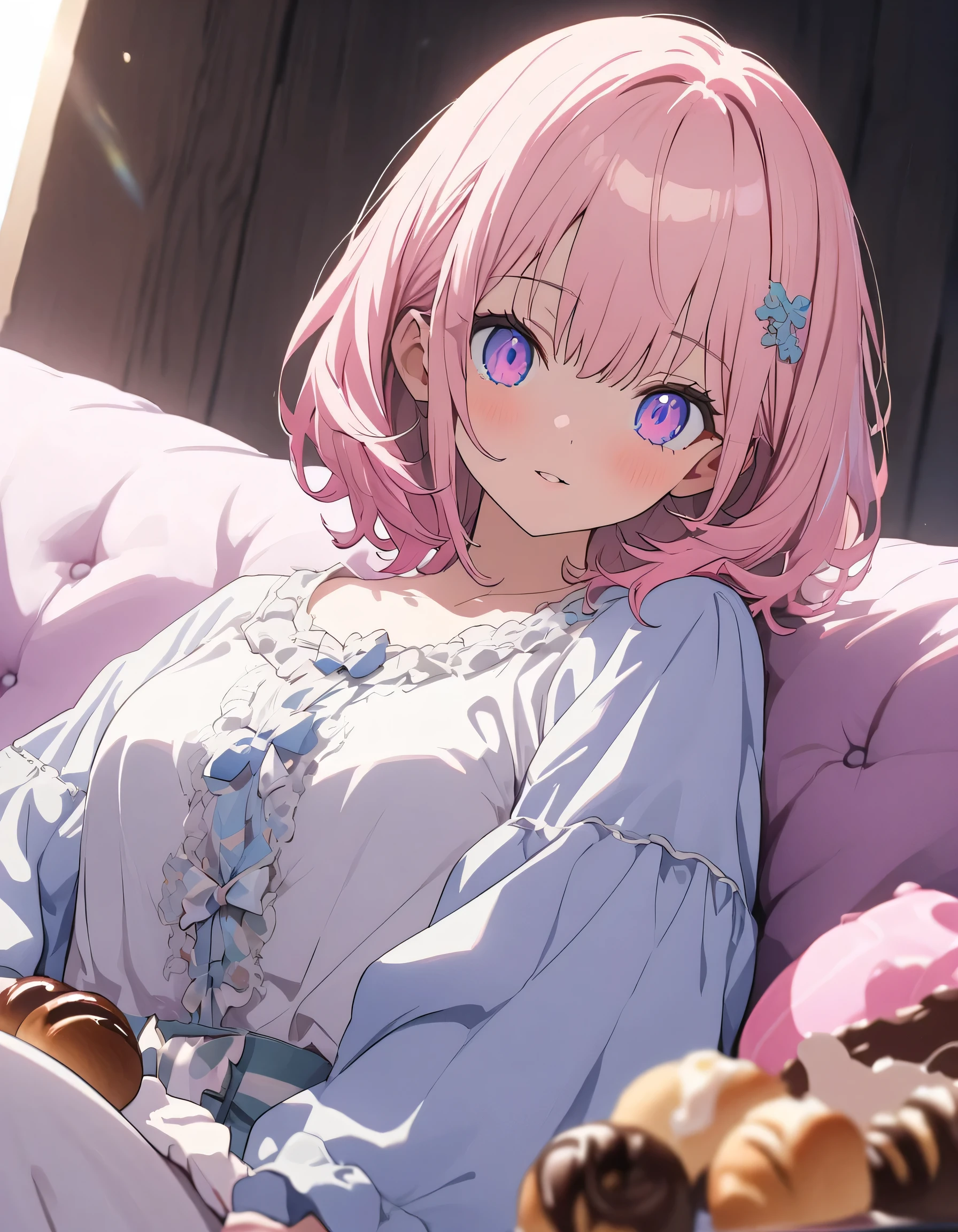 (Background Blur),(A living room with a bright atmosphere thanks to the sunlight)、morning、(Sit on a comfortable, soft sofa、Chocolate cornetを口の中に軽く咥えている)、(1 girl)、(Wavy short hair、Purple pastel colors) 、(Chocolate cornet)、(Girly Fashion)、(((girly style))),((figure、High quality 8k))、indoor、(highest quality、masterpiece、High resolution、detailed)、anime style、Flat Style, BREAK,flat color, flat shading、extremely detailed、eyes shining  colors illuminated light, Delicate and beautiful face, (The Shining), Best lighting, Best Shadow、High saturation,Dynamic Angle、Moe anime official art、anime、Warm and soft atmosphere