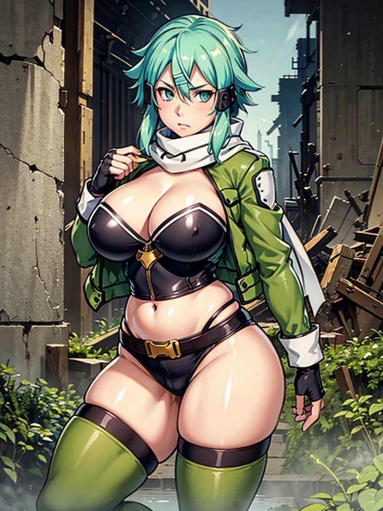 (masterpiece), best quality, expressive eyes, perfect face, highres, sinon1, scarf, fingerless gloves, long sleeves, short shorts, hair ornament, hairclip, green thighhighs, green jacket, thigh strap, field, ruins background, ruined structures, standing, portrait, looking at the viewer, thick thighs, wide hips, massive fat round ass, massive breasts, deep cleavage, big chubby belly,