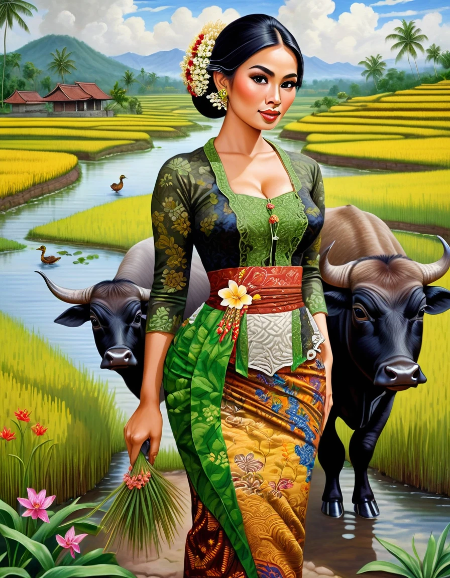 beautiful busty seducing javanese peasant woman donning a brocade kebaya dress and batik long skirt, simple bun hairdo with small beautiful flowers in her hair, insanely detailed and intricate terraced rice field background with water buffalo ajd duck shepherd in a far distance, oil on canvas painting, realistic style, heavily influenced by Don Lawrence photorealistic brush stroke style