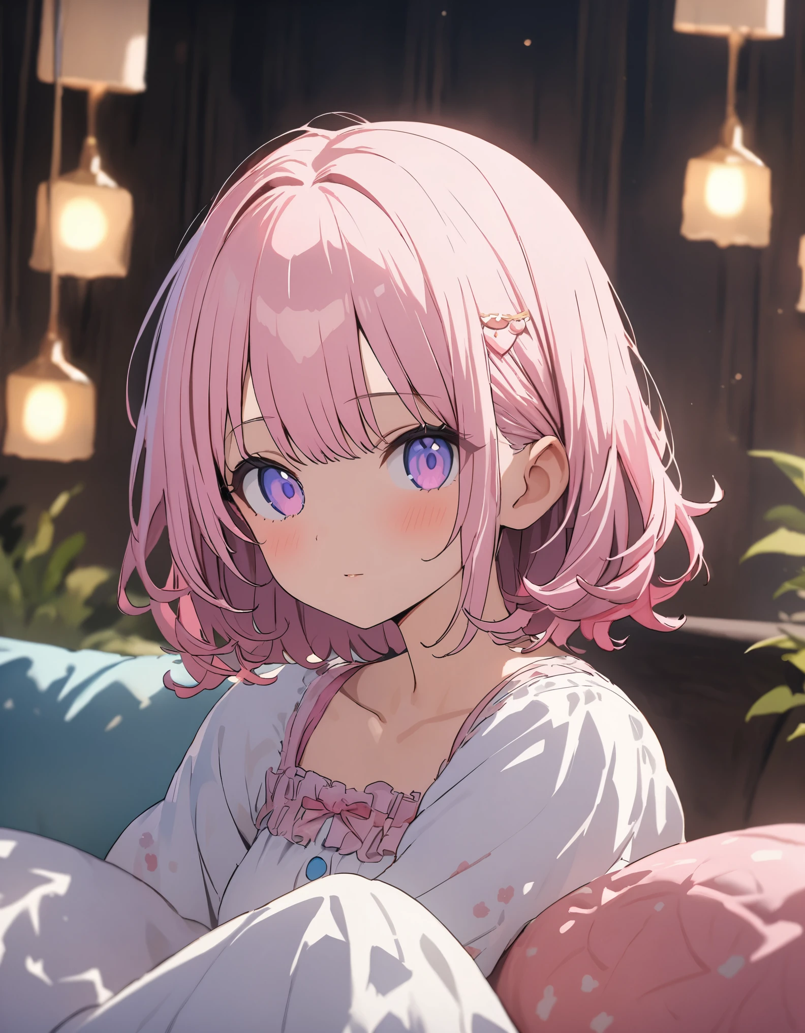 (Background Blur),(A living room with a bright atmosphere thanks to the sunlight)、morning、(Sit on a comfortable, soft sofa、Chocolate cornetを口の中に軽く咥えている)、(1 girl)、(Wavy short hair、Purple pastel colors) 、(Chocolate cornet)、(Girly Fashion)、(((girly style))),((figure、High quality 8k))、indoor、(highest quality、masterpiece、High resolution、detailed)、animeスタイル、Flat Style, BREAK,flat color, flat shading、extremely detailed、eyes shining colors illuminated light, Delicate and beautiful face, (The Shining), Best lighting, Best Shadow、High saturation,Dynamic Angle、Moe anime official art、anime、Warm and soft atmosphere