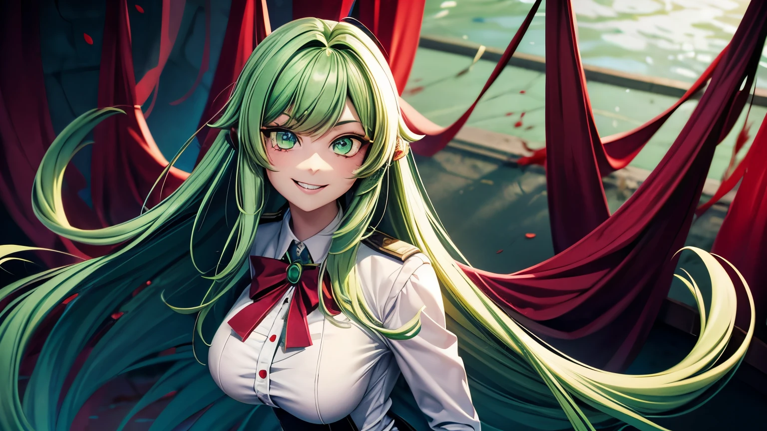 Extremely beautiful girl, green hair, long hair, bright green eyes, Green high school girl uniform, huge breasts, Yandere and evil smile, Holding a knife full of blood, face full of blood and extremely scary, Room with pools of blood background, Clothes full of blood, good quality, masterpiece, Beautiful eyes, Detailed eyes, Big eyes, Visual novel game style