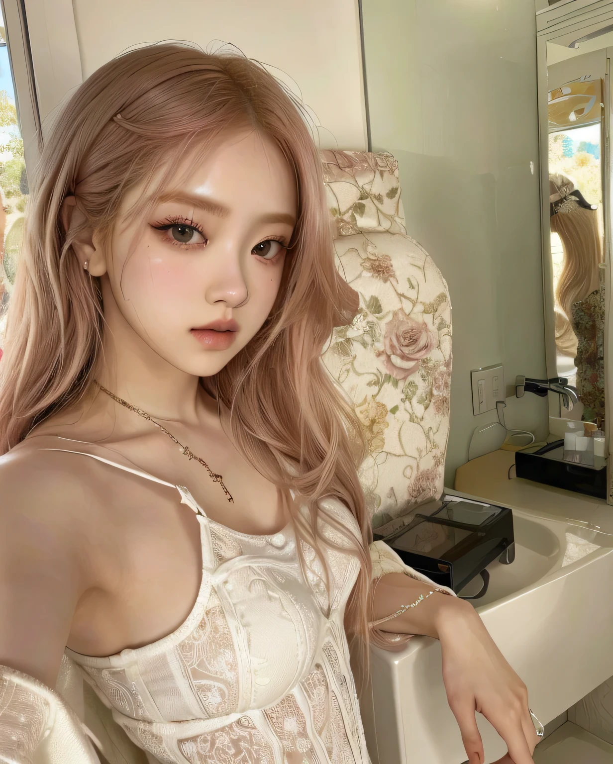 Rose de Blackpink, cabello rubio, piel suave, ojos grandes, pale skin, cabello largo y sedoso, estilo realista
