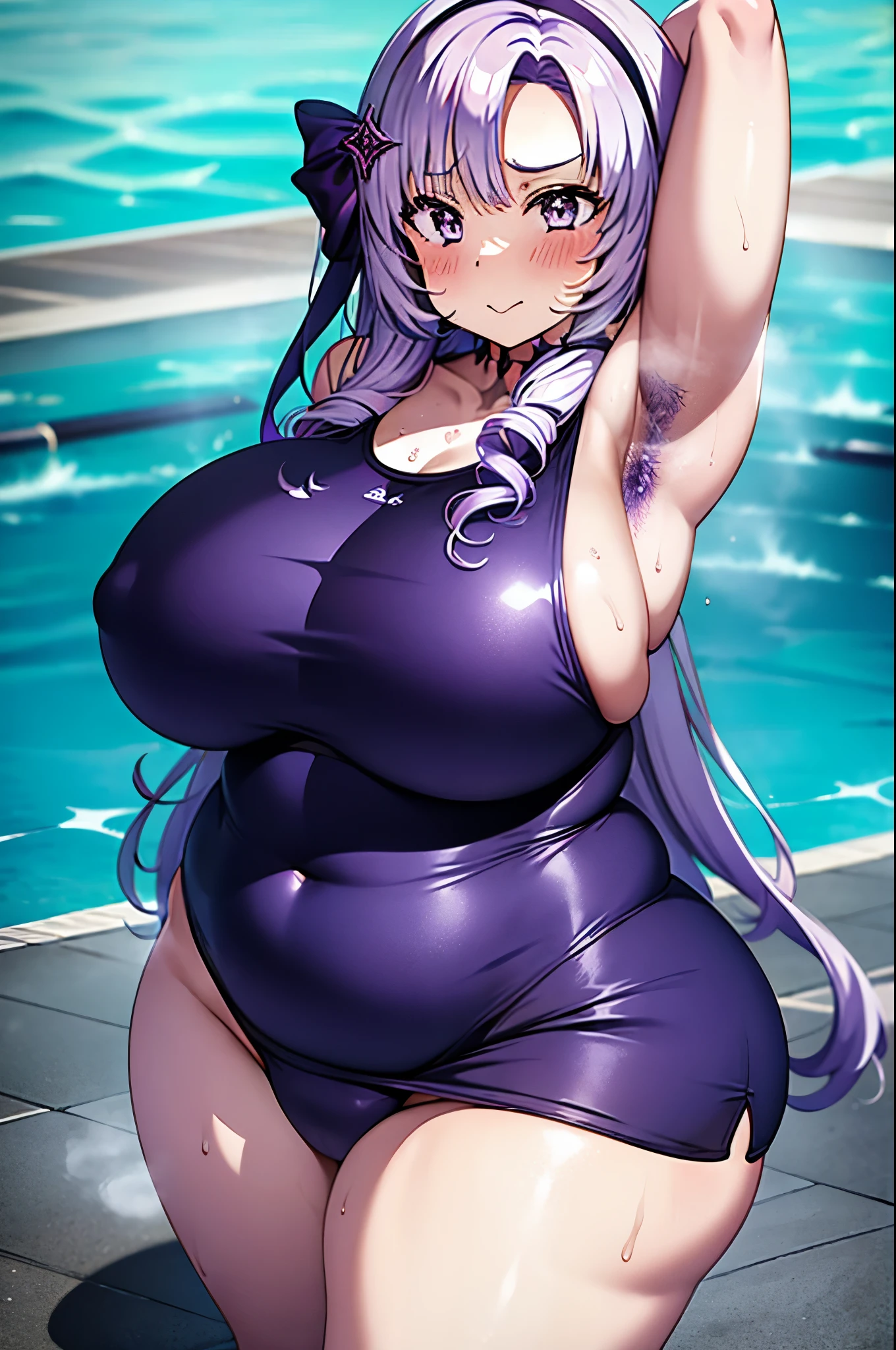 A girl wearing a one-piece swimsuit, Curvaceous loot, Purple Hair,Purple Eyes,Muscular!!,Blushed,steam,Sweat,Steam coming from the body,BIG Boned,Large swollen areola visible through clothes,Show your armpits,sleeveless,In the pool,leotard,Chubby,Squat