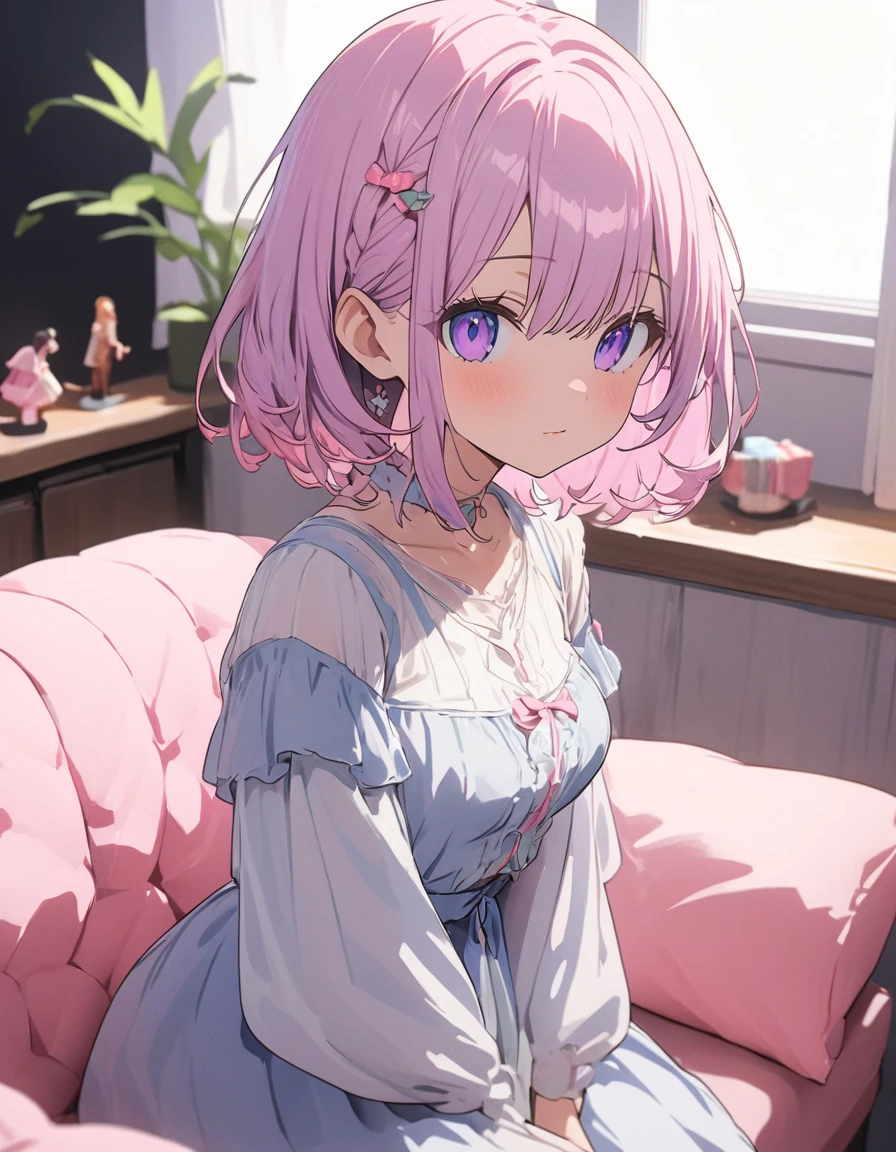 (Background Blur),(A living room with a bright atmosphere thanks to the sunlight)、morning、(Sit on a comfortable, soft sofa、Chocolate cornetを口の中に軽く咥えている)、(1 girl)、(Wavy short hair、Purple pastel hair color) 、(Chocolate cornet)、(Girly Fashion)、(((girly style))),((figure、High quality 8k))、indoor、(highest quality、masterpiece、High resolution、detailed)、animeスタイル、Flat Style, BREAK,flat color, flat shading、extremely detailed、eyes shining  colors illuminated light, Delicate and beautiful face, (The Shining), Best lighting, Best Shadow、High saturation,Dynamic Angle、Moe anime official art、anime、Warm and soft atmosphere