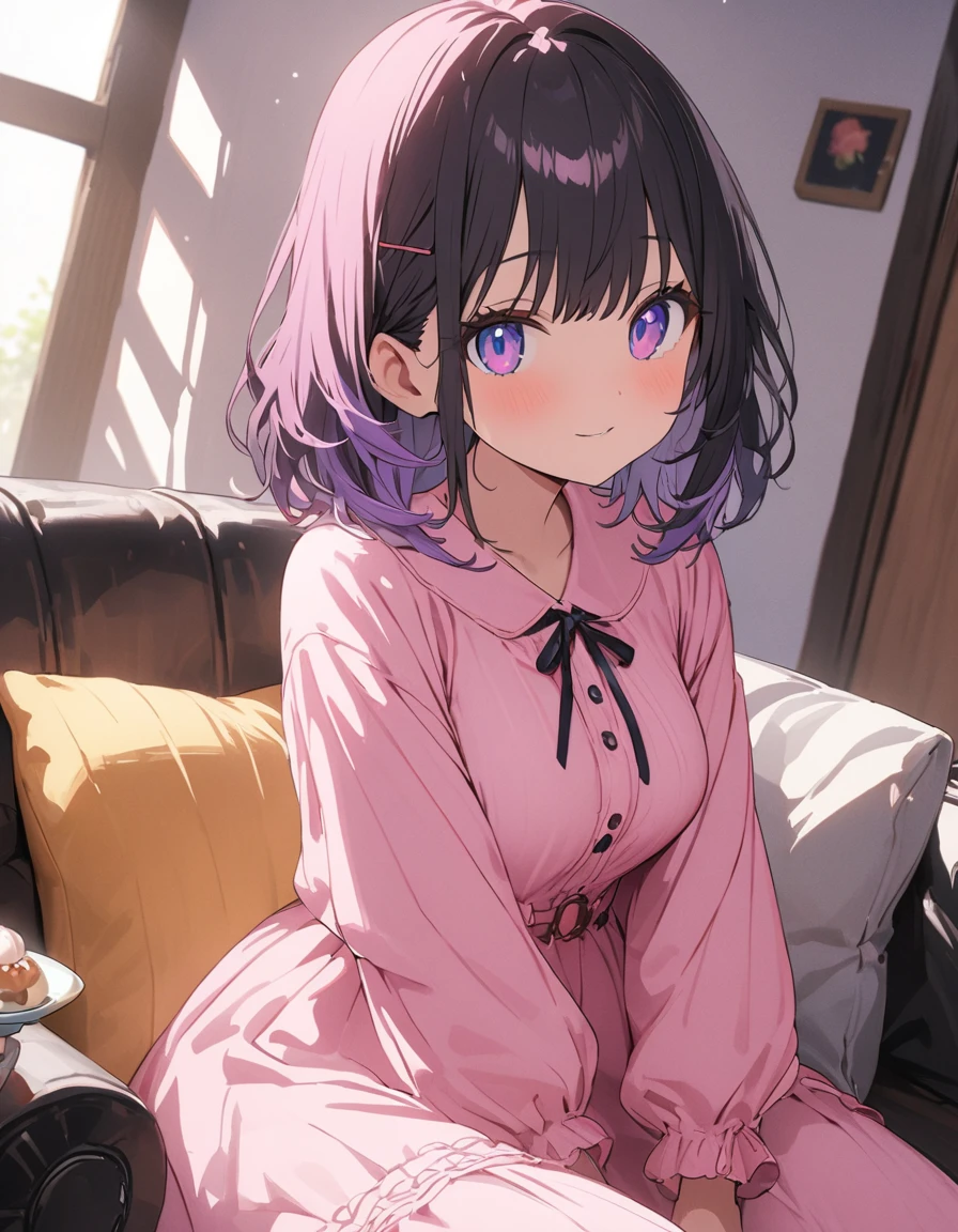 (Background Blur),(A living room with a bright atmosphere thanks to the sunlight)、morning、(Sit on a comfortable, soft sofa、Chocolate cornetを口の中に軽く咥えている)、(1 girl)、(Wavy short hair、Purple pastel hair color) 、(Chocolate cornet)、(Girly Fashion)、(((girly style))),((figure、High quality 8k))、indoor、(highest quality、masterpiece、High resolution、detailed)、animeスタイル、Flat Style, BREAK,flat color, flat shading、extremely detailed、eyes shining colors illuminated light, Delicate and beautiful face, (The Shining), Best lighting, Best Shadow、High saturation,Dynamic Angle、Moe anime official art、anime、Warm and soft atmosphere
