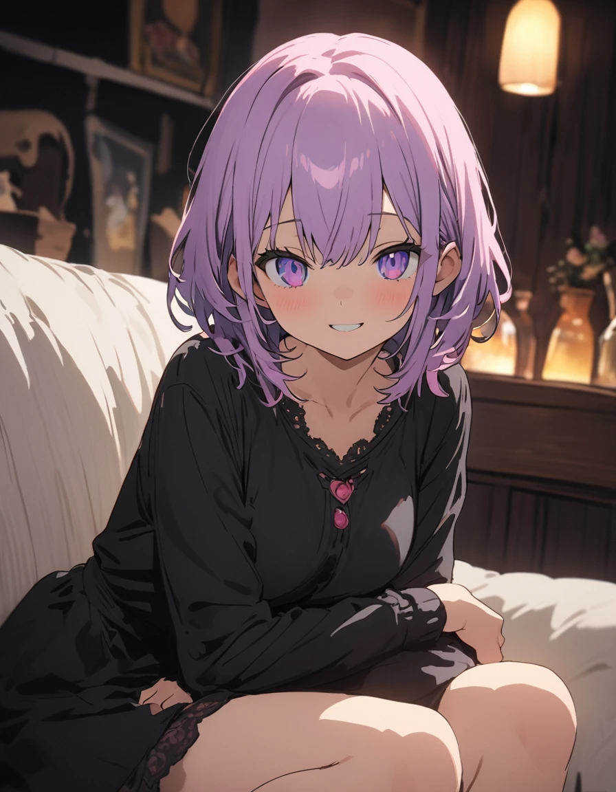 (Background Blur),(A living room with a bright atmosphere thanks to the sunlight)、morning、(Sit on a comfortable, soft sofa、Chocolate cornetを口の中に軽く咥えている)、(1 girl)、(Wavy short hair、Purple pastel hair color) 、(Chocolate cornet)、(Girly Fashion)、(((girly style))),((figure、High quality 8k))、indoor、(highest quality、masterpiece、High resolution、detailed)、animeスタイル、Flat Style, BREAK,flat color, flat shading、extremely detailed、eyes shining colors illuminated light, Delicate and beautiful face, (The Shining), Best lighting, Best Shadow、High saturation,Dynamic Angle、Moe anime official art、anime、Warm and soft atmosphere