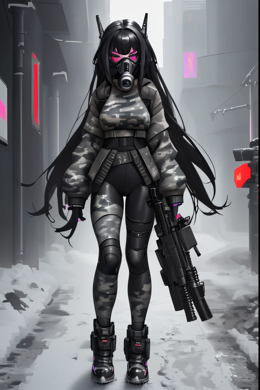 woman, cyberpunk metallic arms, wears a gas mask, long black hair, snow gray camouflage top, pixelated gray camouflage leggings, big waist, thick legs, carries a cyberpunk rifle, high definition, full body focus.