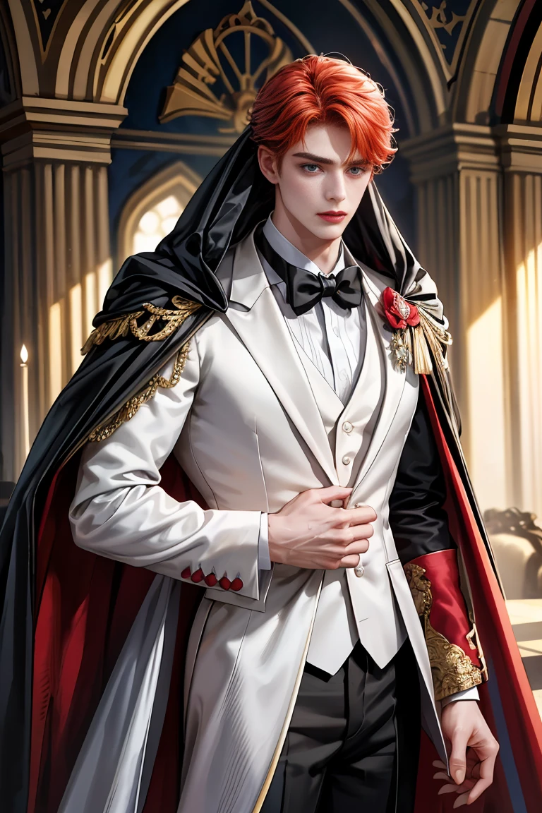masterpiece, 最high quality, high quality, 1 boy, alone, Male focus, Watching the audience, Messy Redhead, Adorable big blue eyes, White, Noble, Noble, Beautiful Vampire、Tuxedo、A very voluminous, large, very large, very large, long, long red and black cape with a high stand-up collar, made of a lot of fabric that reaches down to the floor., 17 years old,Cute beautiful boys,Cute, cute, kind, handsome guy