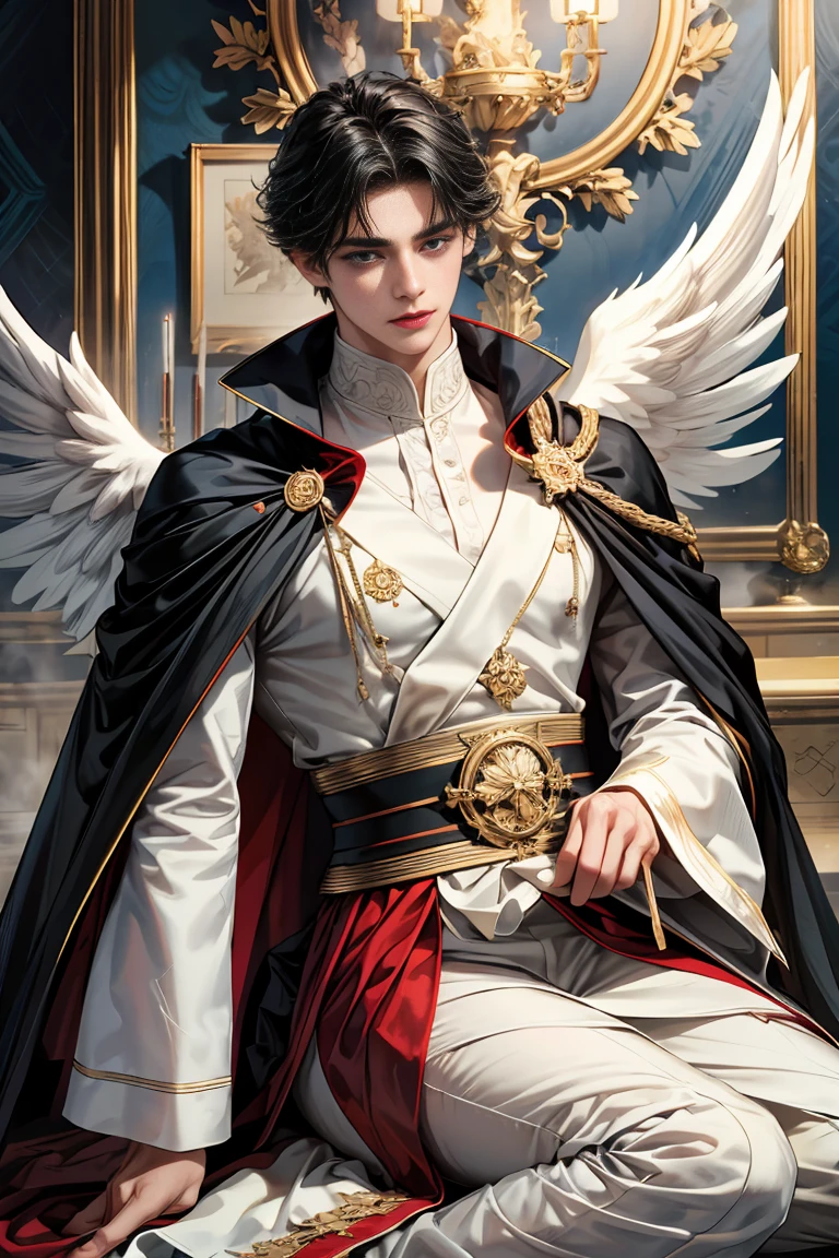 masterpiece, 最high quality, high quality, 1 boy, alone, Male focus, Watching the audience, Messy black hair, Adorable big blue eyes, White, Noble, Noble, Beautiful angel、A very large, voluminous, long, long, red and black cape made with a lot of fabric that reaches all the way down to the floor., 17 years old,Cute beautiful boys,Cute, cute, kind, handsome guy