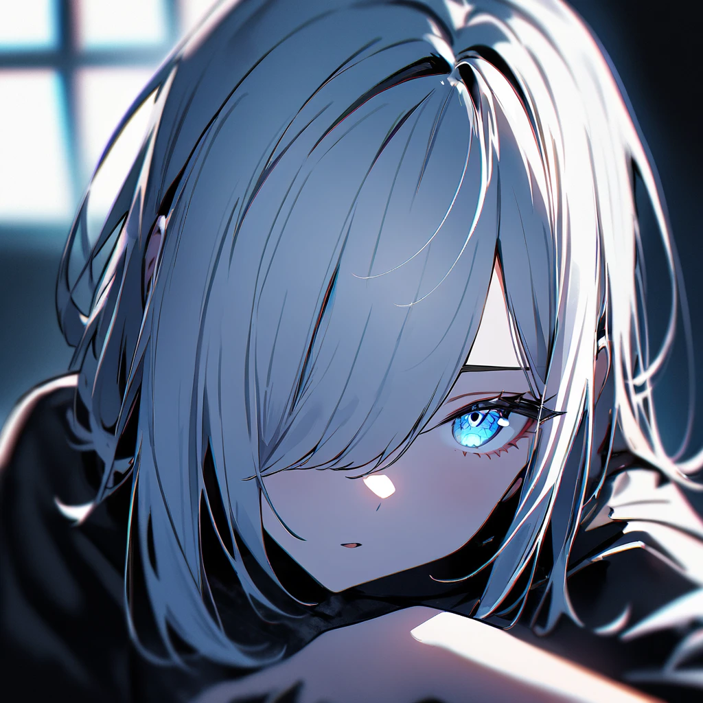 2 girl,portrait,masterpiece, best quality, very aesthetic, absurdres alternative color,chromatic aberration,Inner hair color, High Contrast, Marble Eyes,Hair on one eye,Hair between the eyes,Kneel,Straight Hair,One Eye,Thin Hair,Whiteeyes,light blue eyes,fullf ace