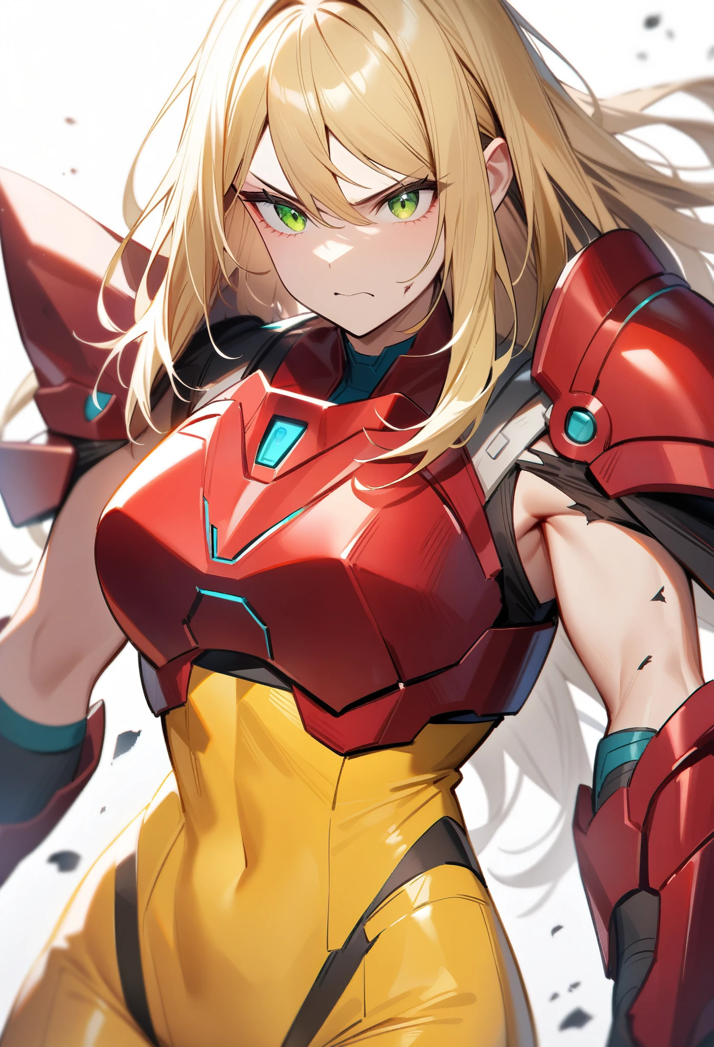 (best quality),female,Samus aran,((red chest armor)),yellow bodysuit,wide shoulder armor,green eyes,cowboy shot,simple background,Science fiction,ultra-detailed,sharp focus,aesthetic,torn clothes,serious face