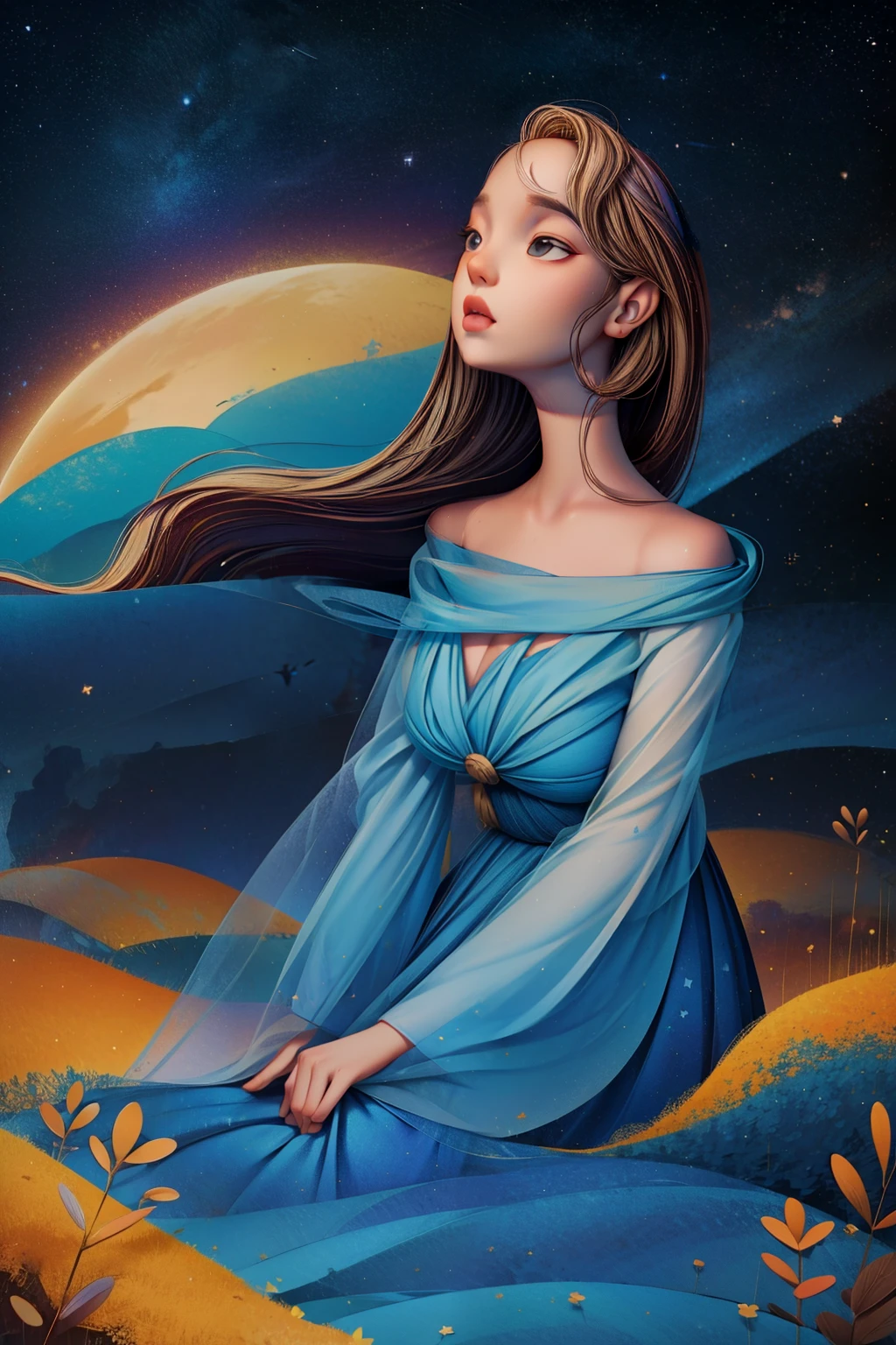 hills the sunset over the city. birds flying, autumn, fall colors, trees leaves, sky with stars, prussian blue sky colors cobalt blue purple cyan. planets, giant saturn seen near the earth, huge half moon, bright stars, shooting stars, windblown gorges, a pretty girl,