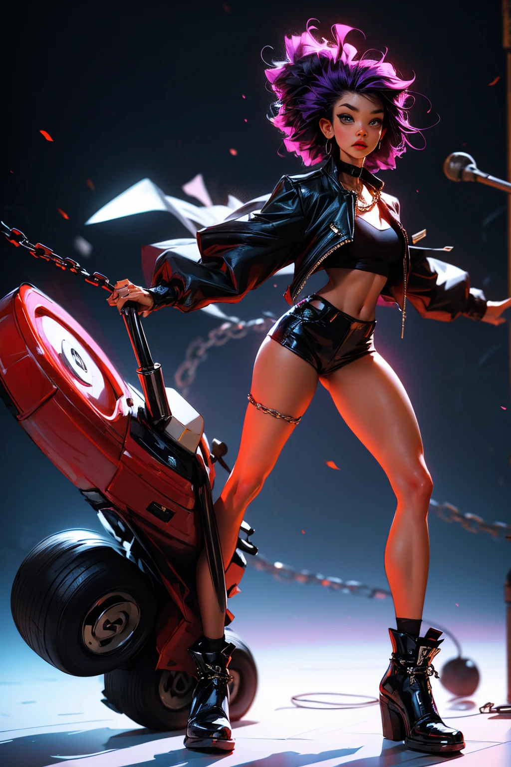models, professional:1.6, (best quality,4k,8k,highres,masterpiece:1.2),ultra-detailed,realistic,punk style,punk fashion,full body shot:1.5,general shot:1.5, rebellious,spiked clothing,chain accessories, rebellious pose,high mohawk,violet hair,colorful,edgy background,studio lighting,dynamic pose y elegante