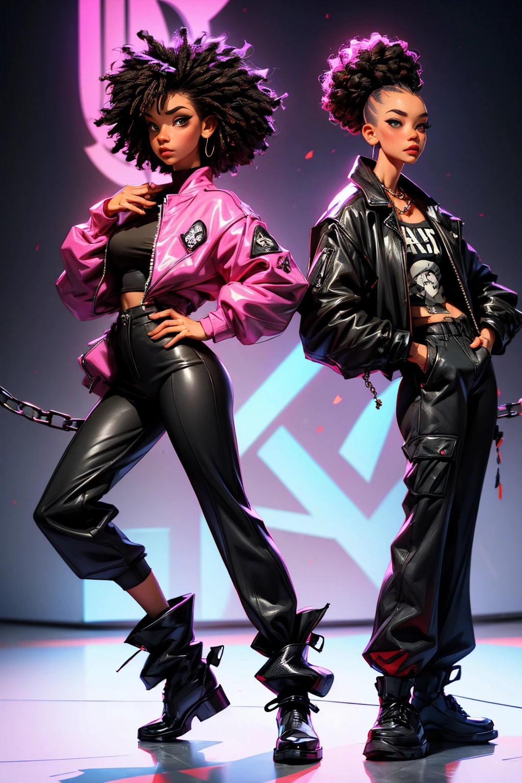 models, professional:1.6, (best quality,4k,8k,highres,masterpiece:1.2),ultra-detailed,realistic,punk style,punk fashion,full body shot:1.5,general shot:1.5, rebellious,spiked clothing,chain accessories, rebellious pose,high mohawk,violet hair,colorful,edgy background,studio lighting,dynamic pose y elegante